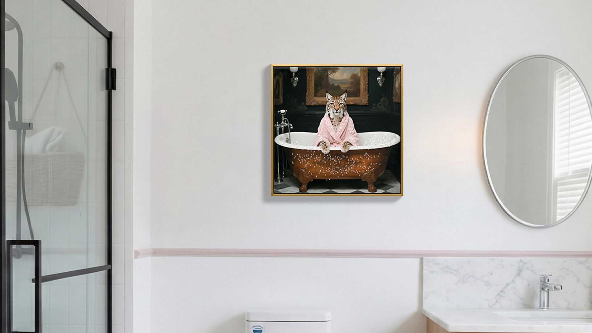 Tiger in Bathtub Wall Art Print Poster, Wood Frame