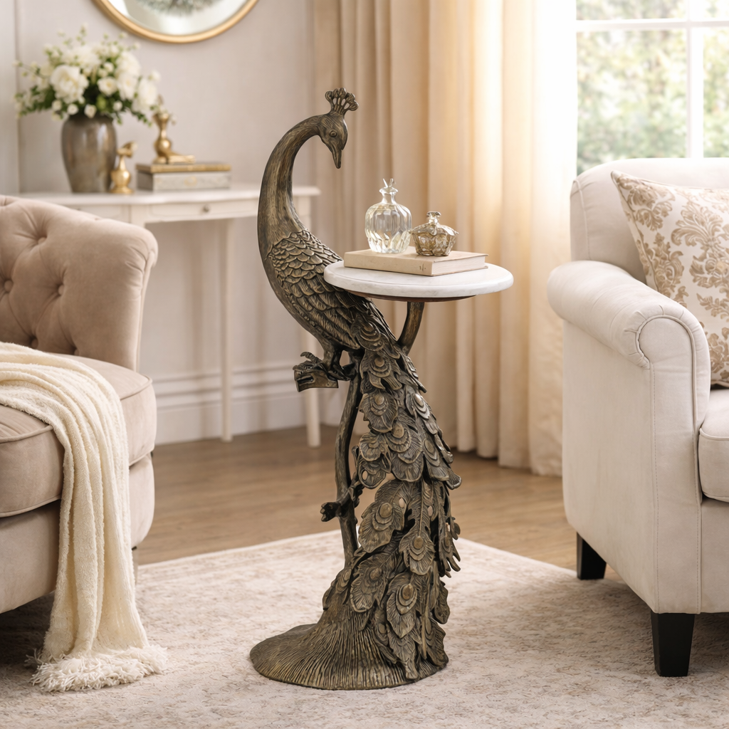Peacock Brass Antique Side Table with Marble Top