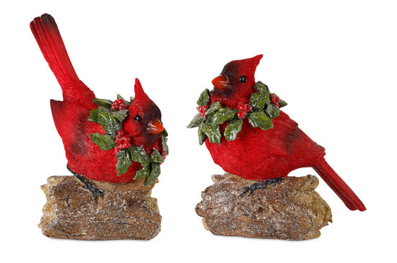 Perched Cardinal Bird on Log with Holly Wreath Accent, Set of 2