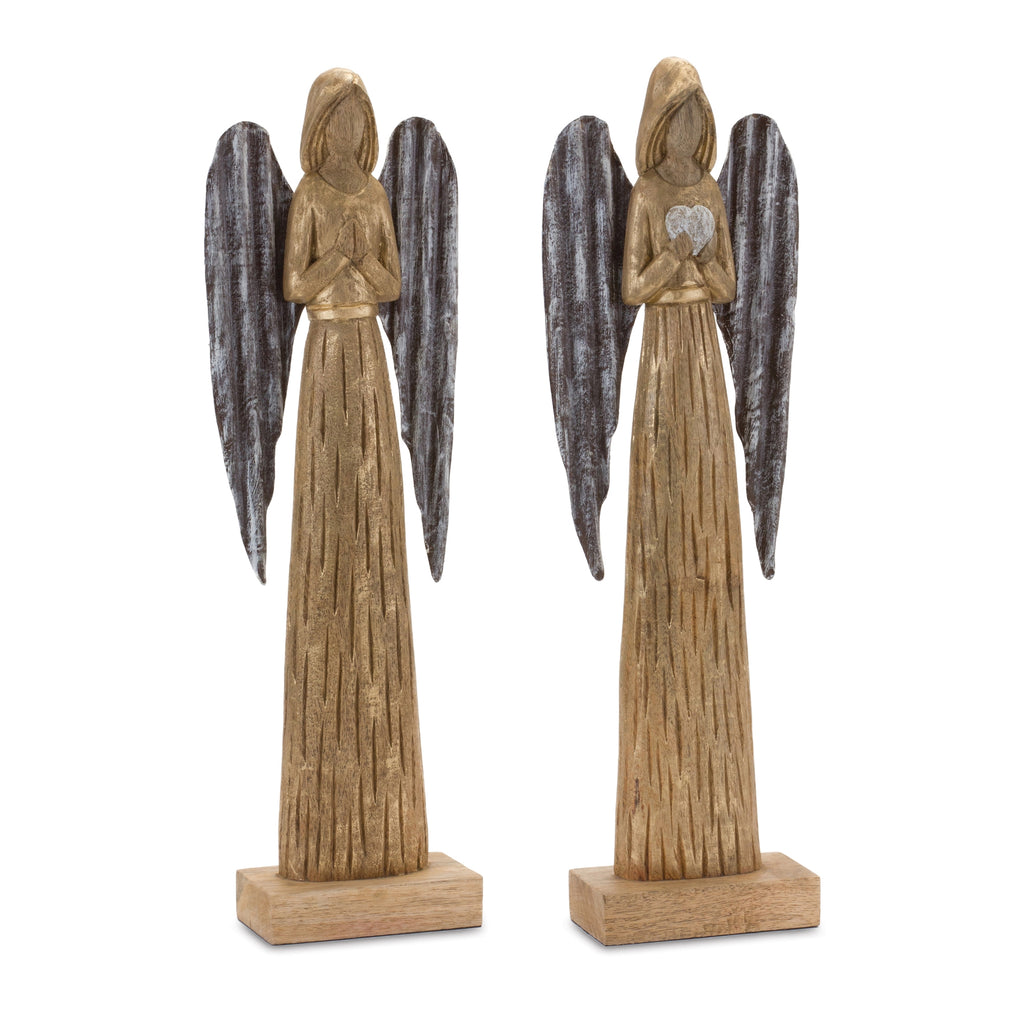 Carved-Wood-Angel-Statue-(set-of-2)-Brown-Christmas-Decor