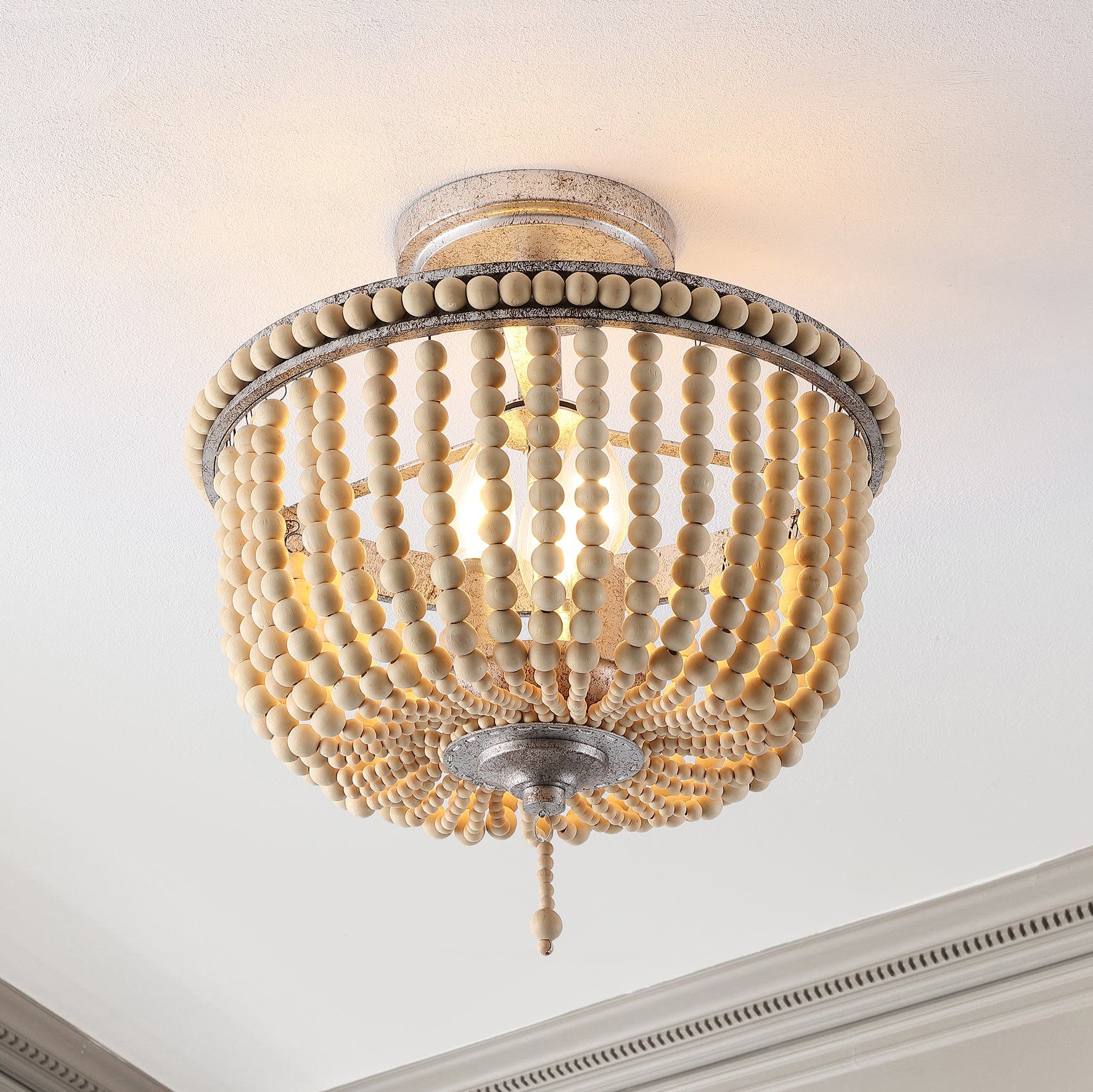 Allie 3-Light Bohemian Farmhouse Wood Bead/Iron LED Semi Flush Mount