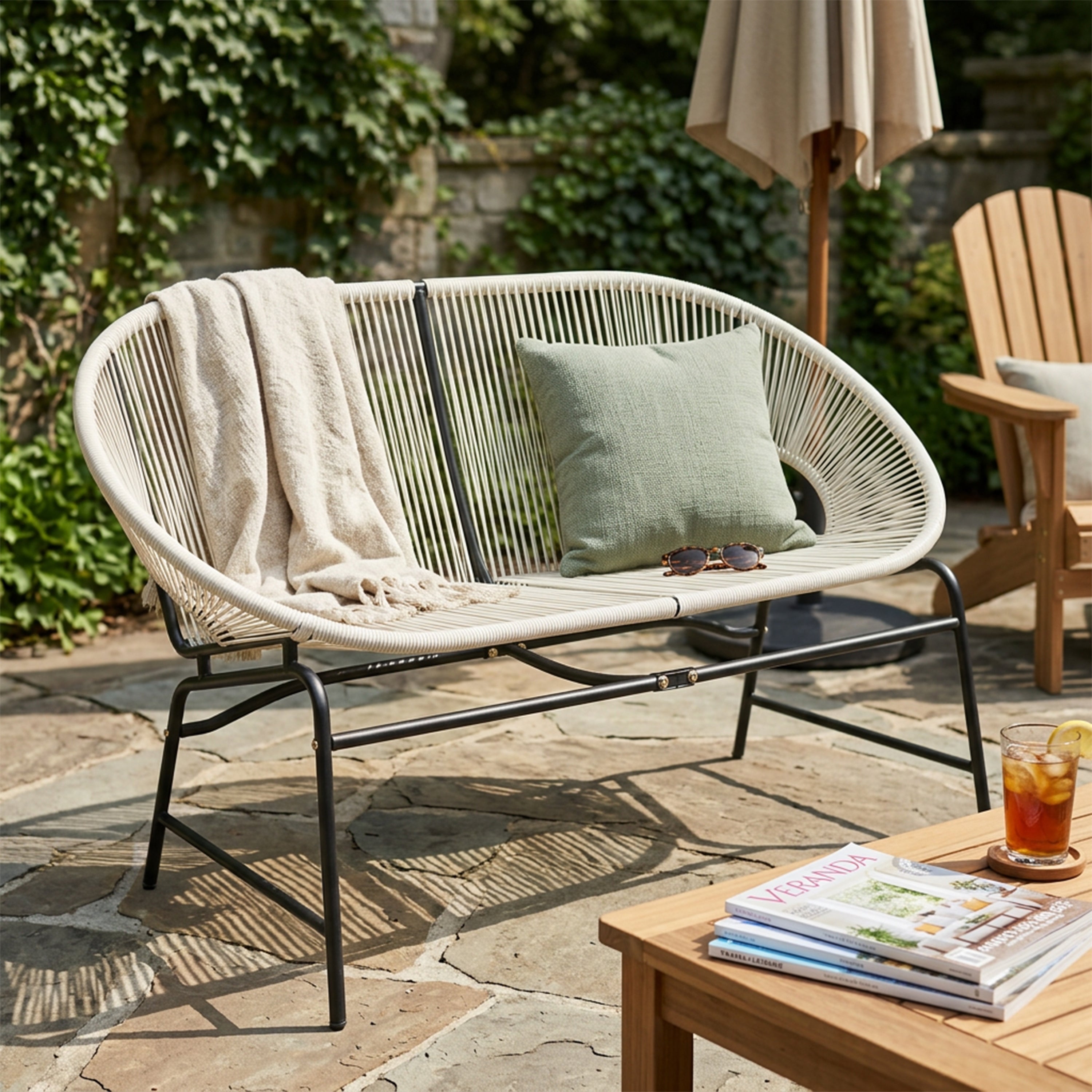 CONDESSA OUTDOOR PATIO WICKER LOVE SEAT, GREEN PE RATTAN & IRON FRAME, SET OF 1