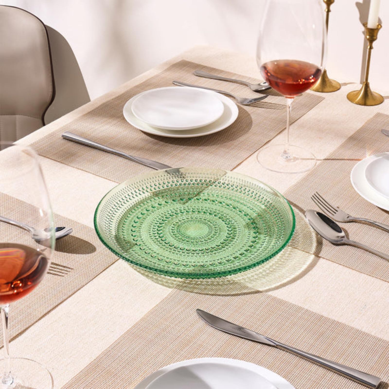 Glass Hobnail Green Dinner Plates, Set of 4