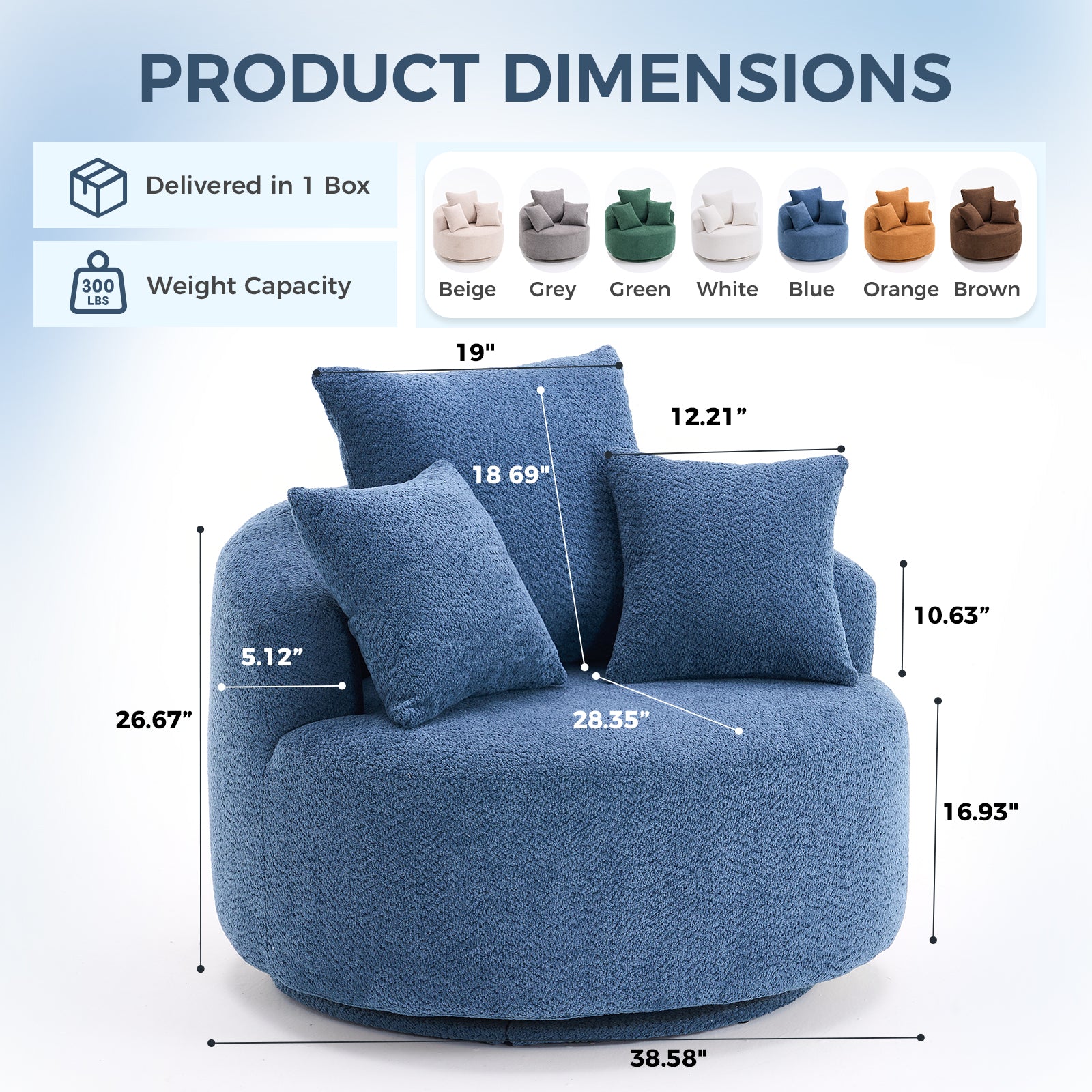 Round Armless Barrel Swivel Accent Chair with 3 Pillows