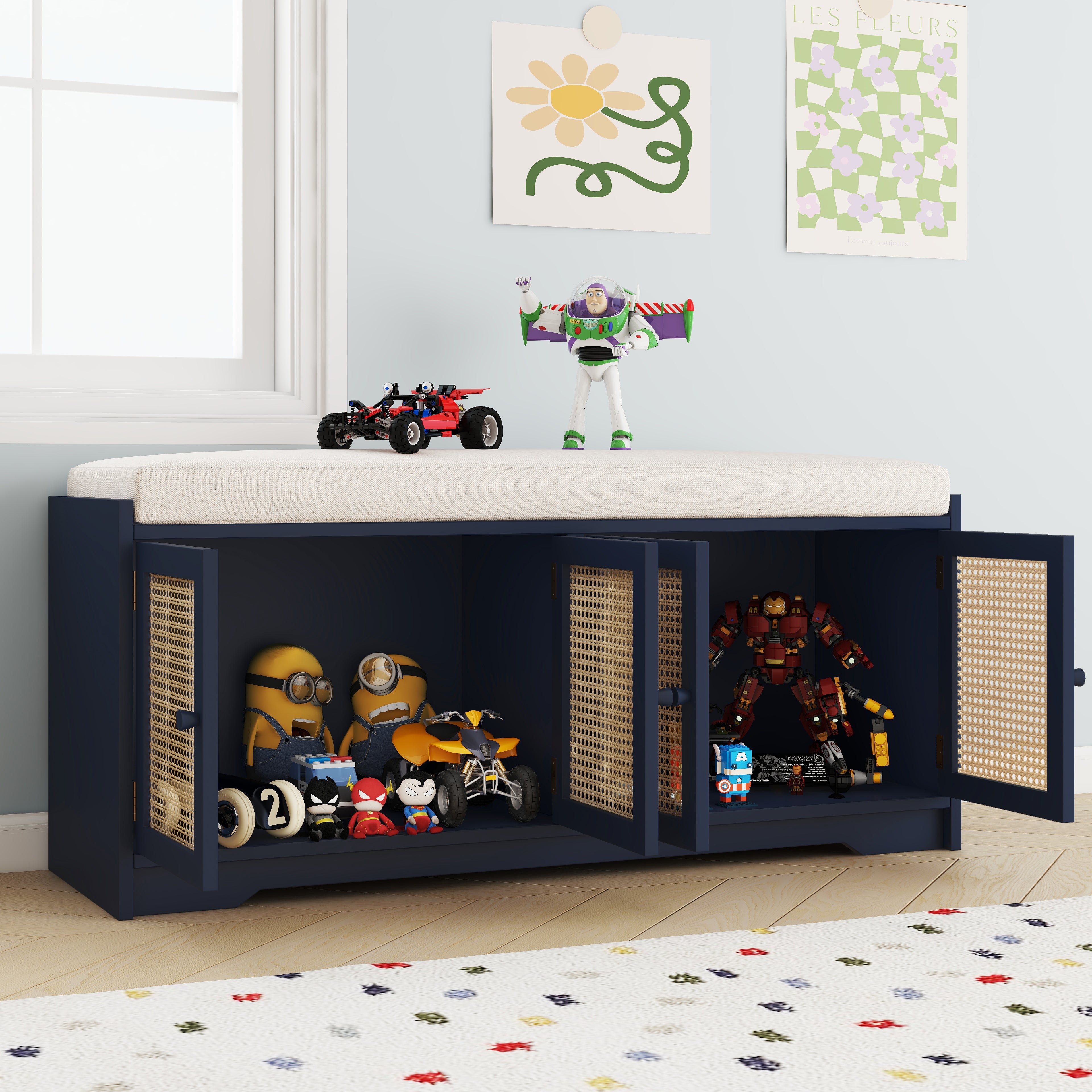 Upholstered Bench with Storage Cabinet and 4 Rattan Doors