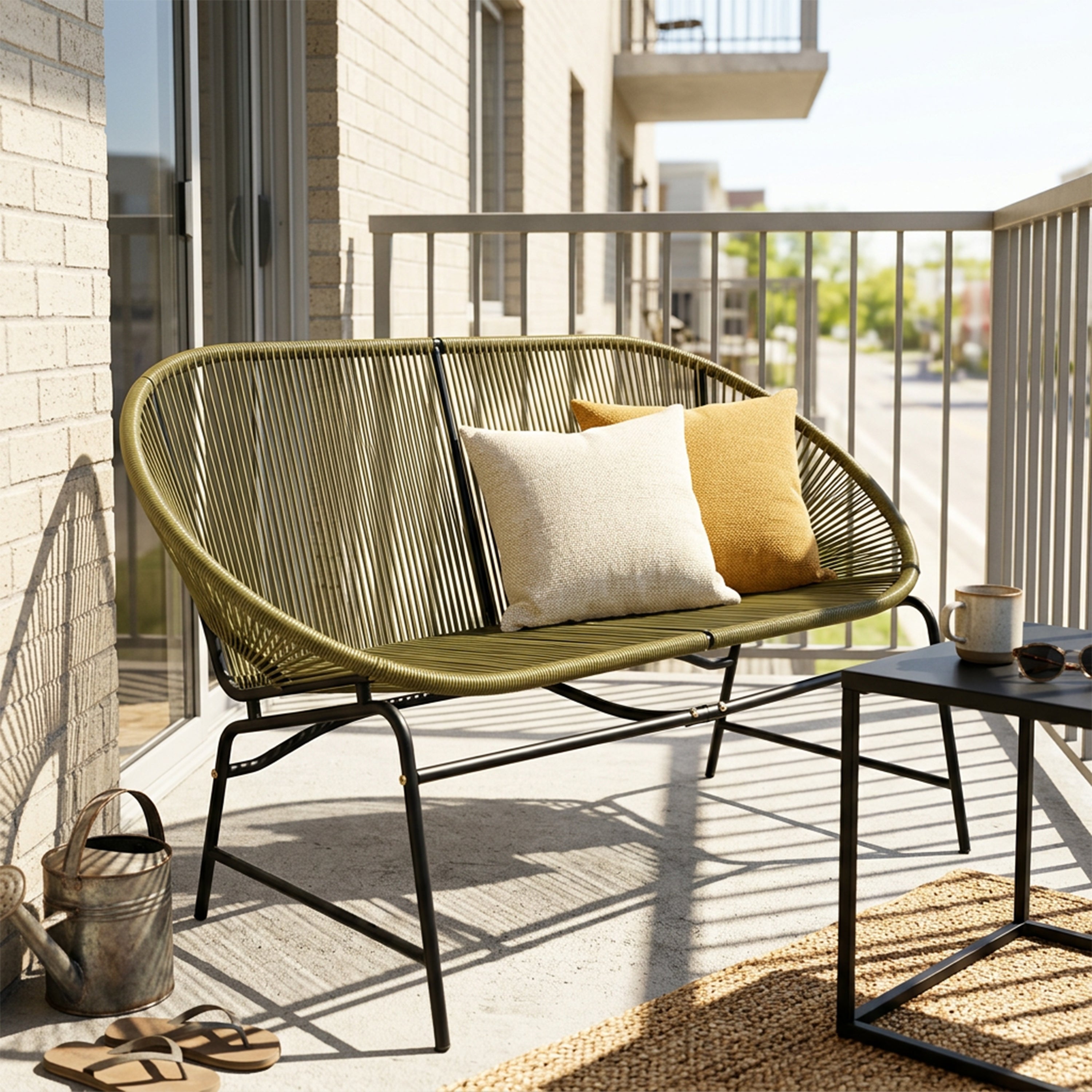 CONDESSA OUTDOOR PATIO WICKER LOVE SEAT, GREEN PE RATTAN & IRON FRAME, SET OF 1