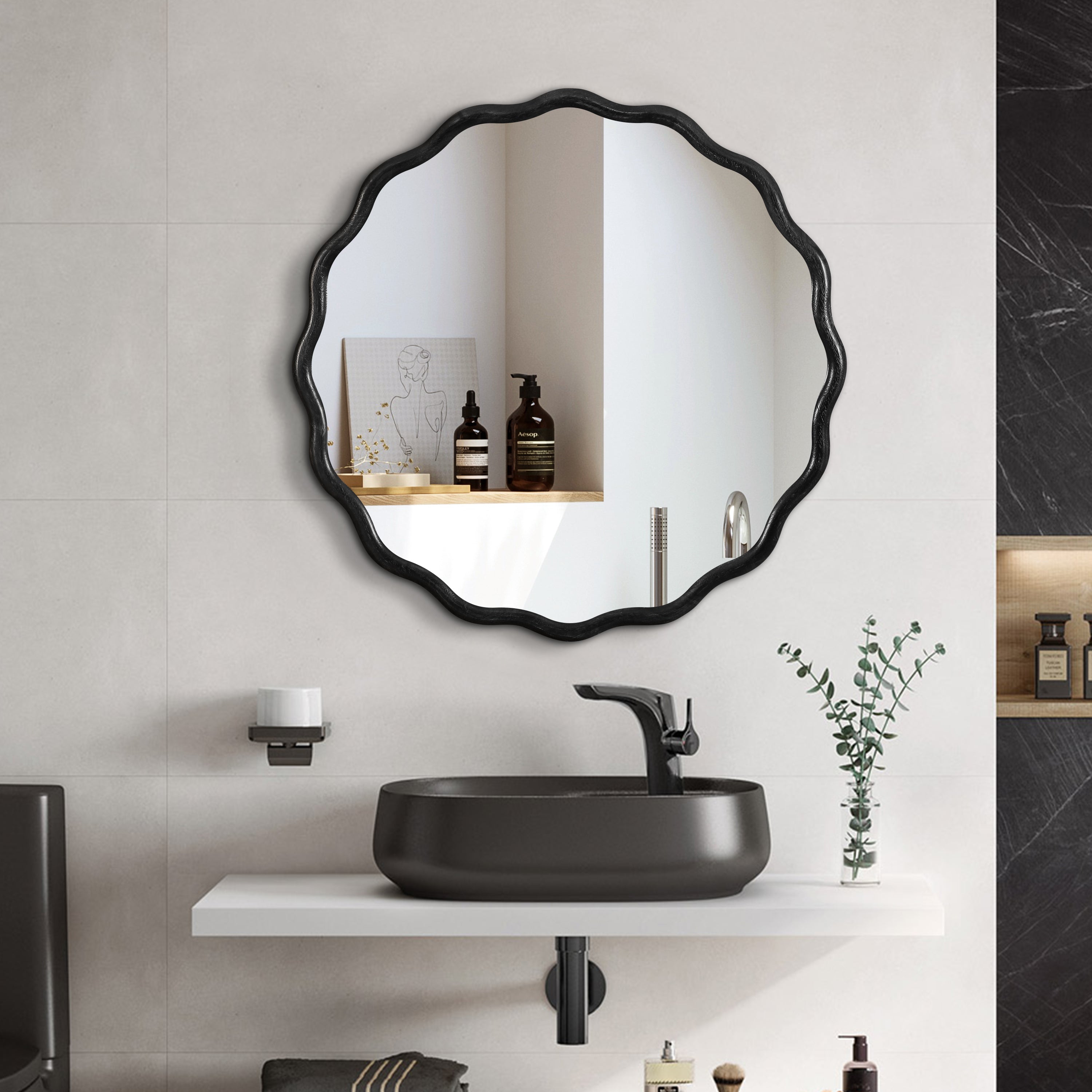 Honoredd 36" x 36" Round Wall Mirror with Exquisite Wave Wood Frame