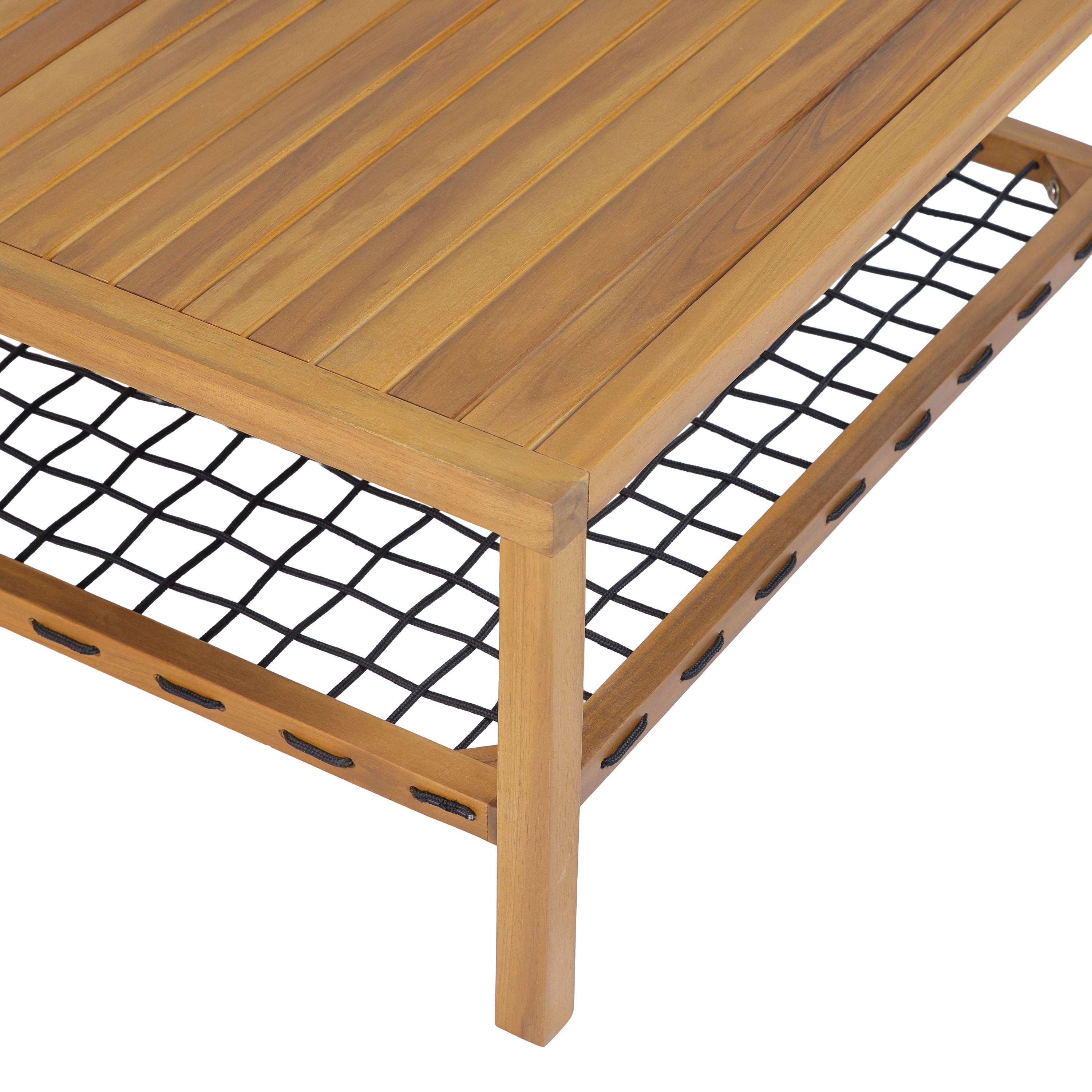 Sierra Outdoor Acacia Wood Coffee Table with Woven Rope Storage Shelf