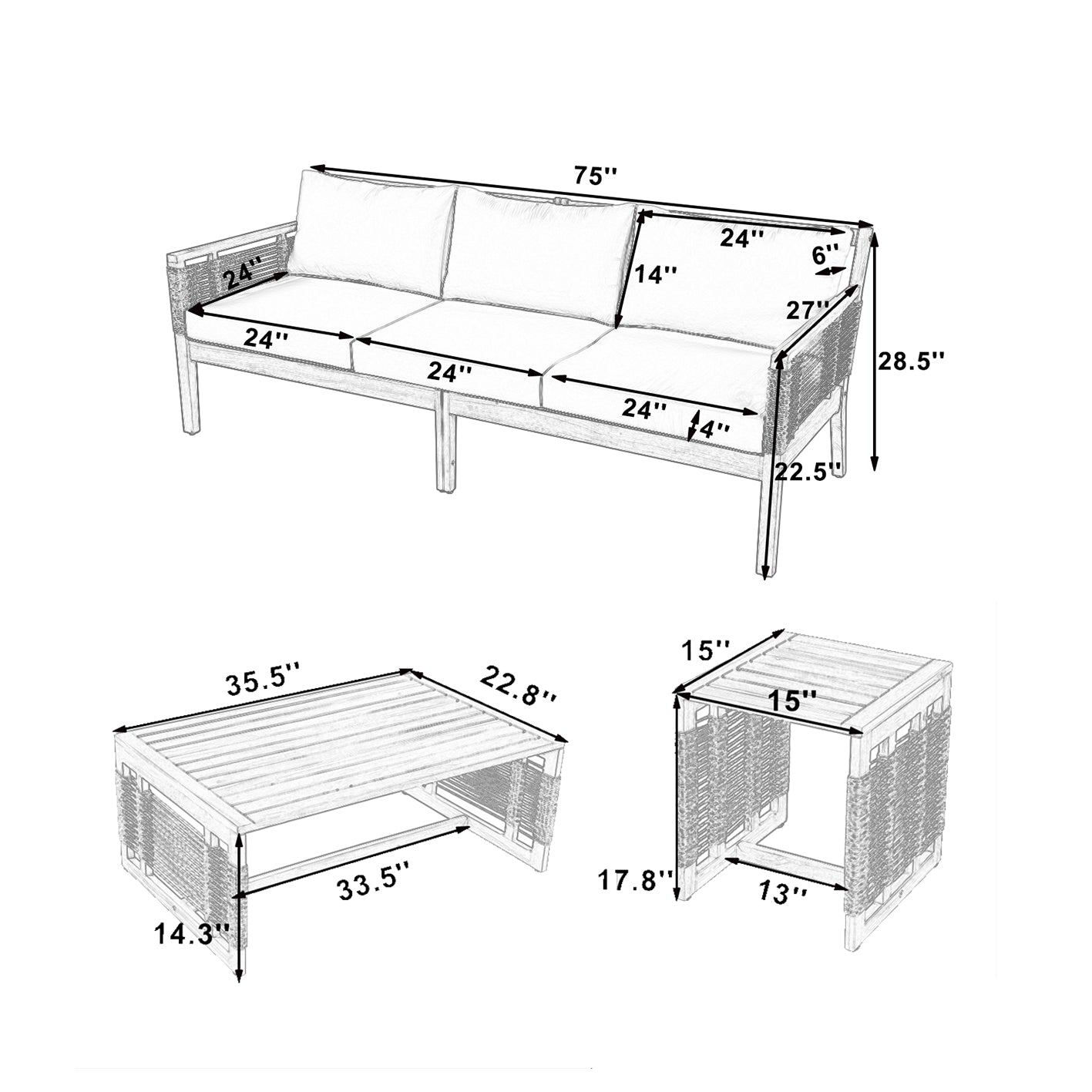 Kirana Outdoor Patio Acacia Wood 3-Seater Sofa Set with 2 Coffee Tables