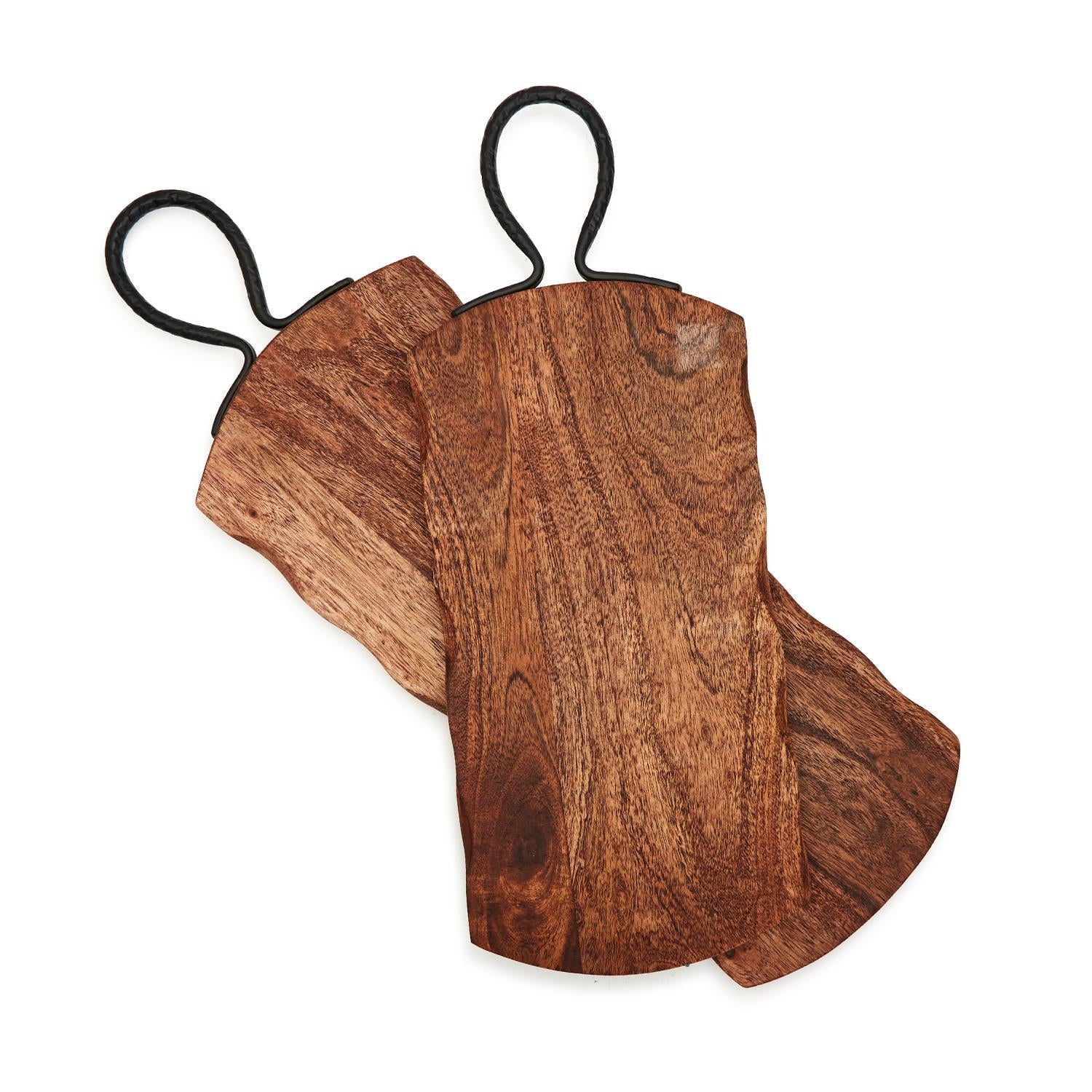 Rustic Edge Serving Boards w/Hammered Iron Handle, Set of 2