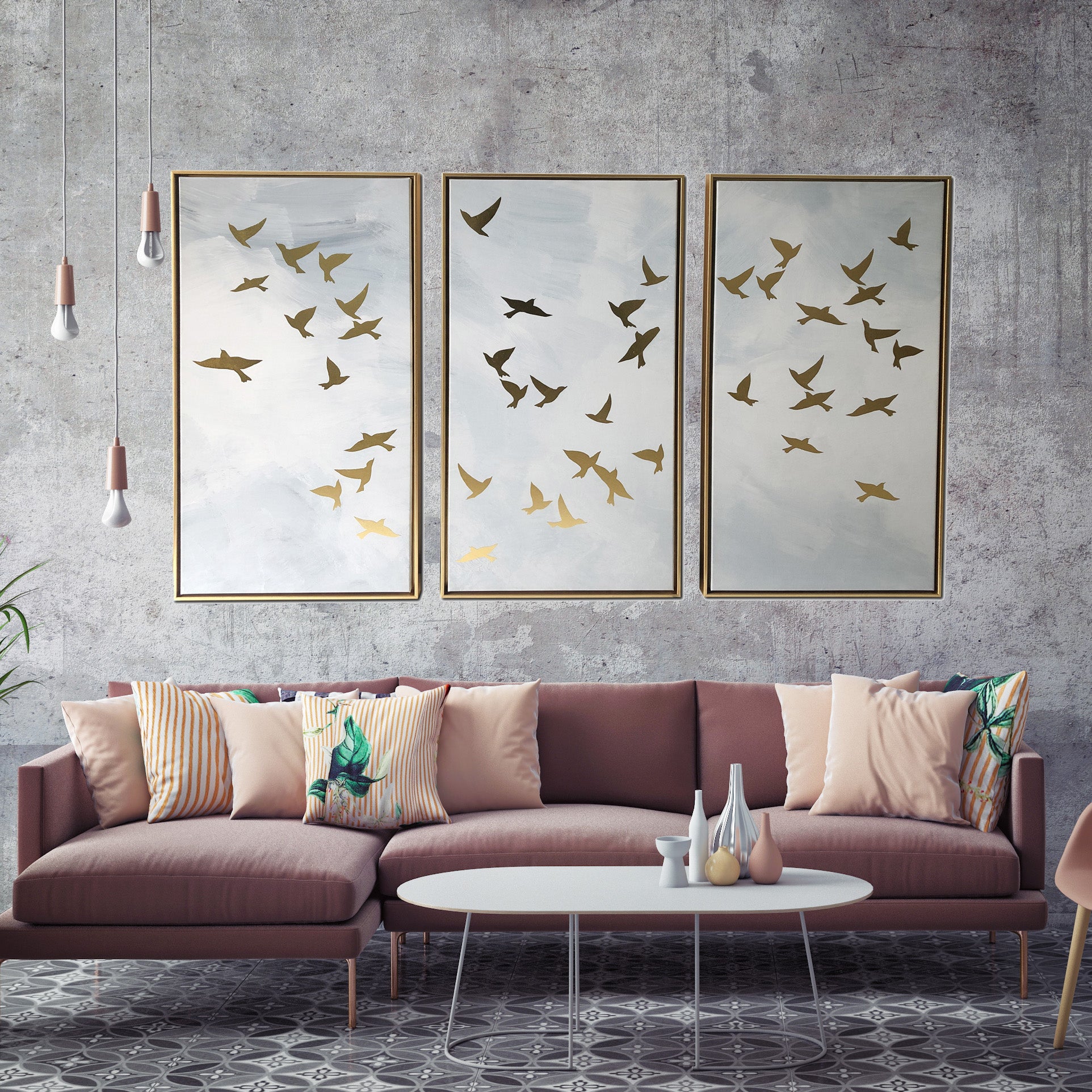 Golden Birds 3-Piece Set Print on Gold Floating Framed Canvas Wall Art, 48"x30"