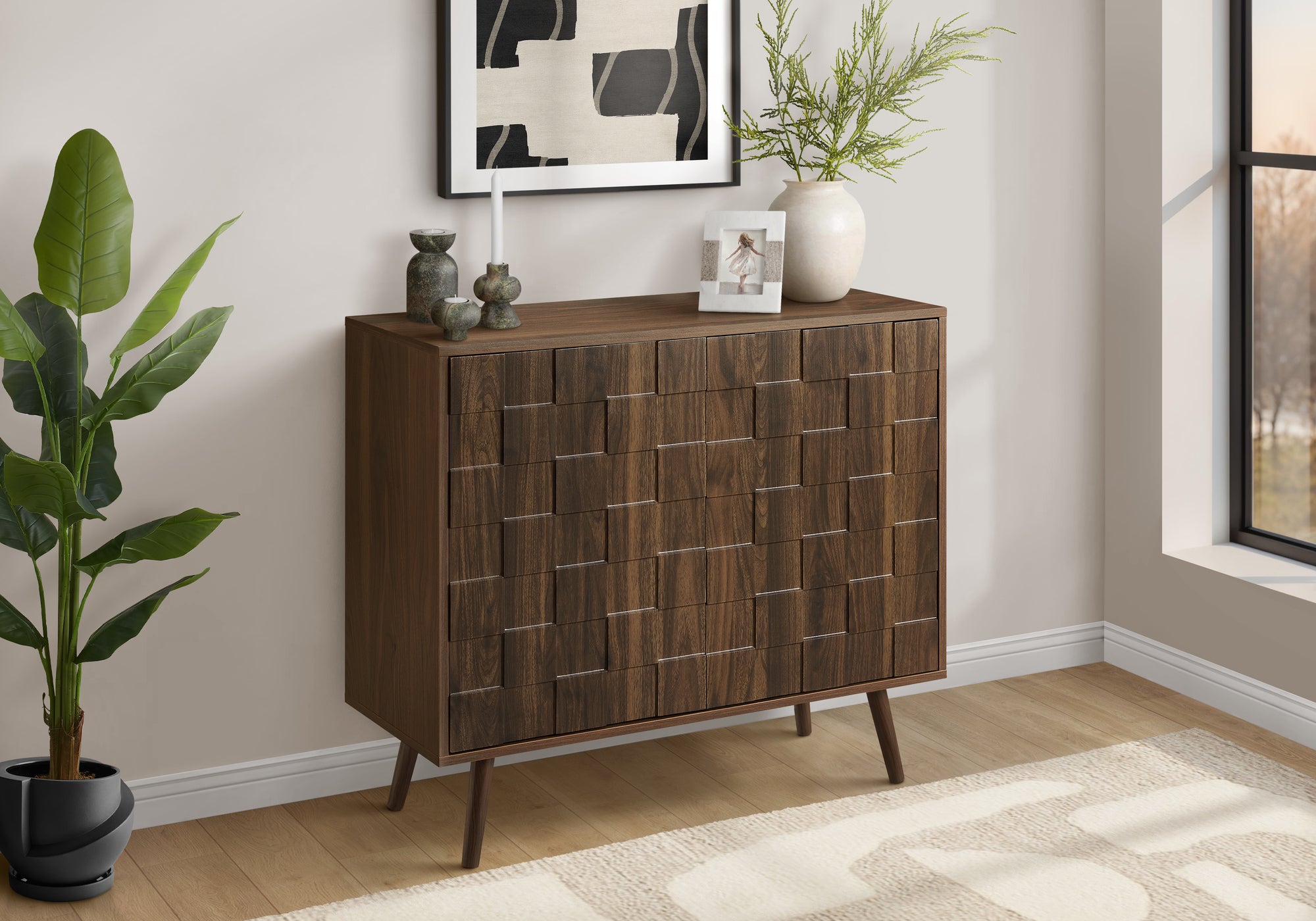 Mid Century Transitional Storage Cabinet in Dark Walnut Laminate with Adjustable Shelf and Solid Wood Legs