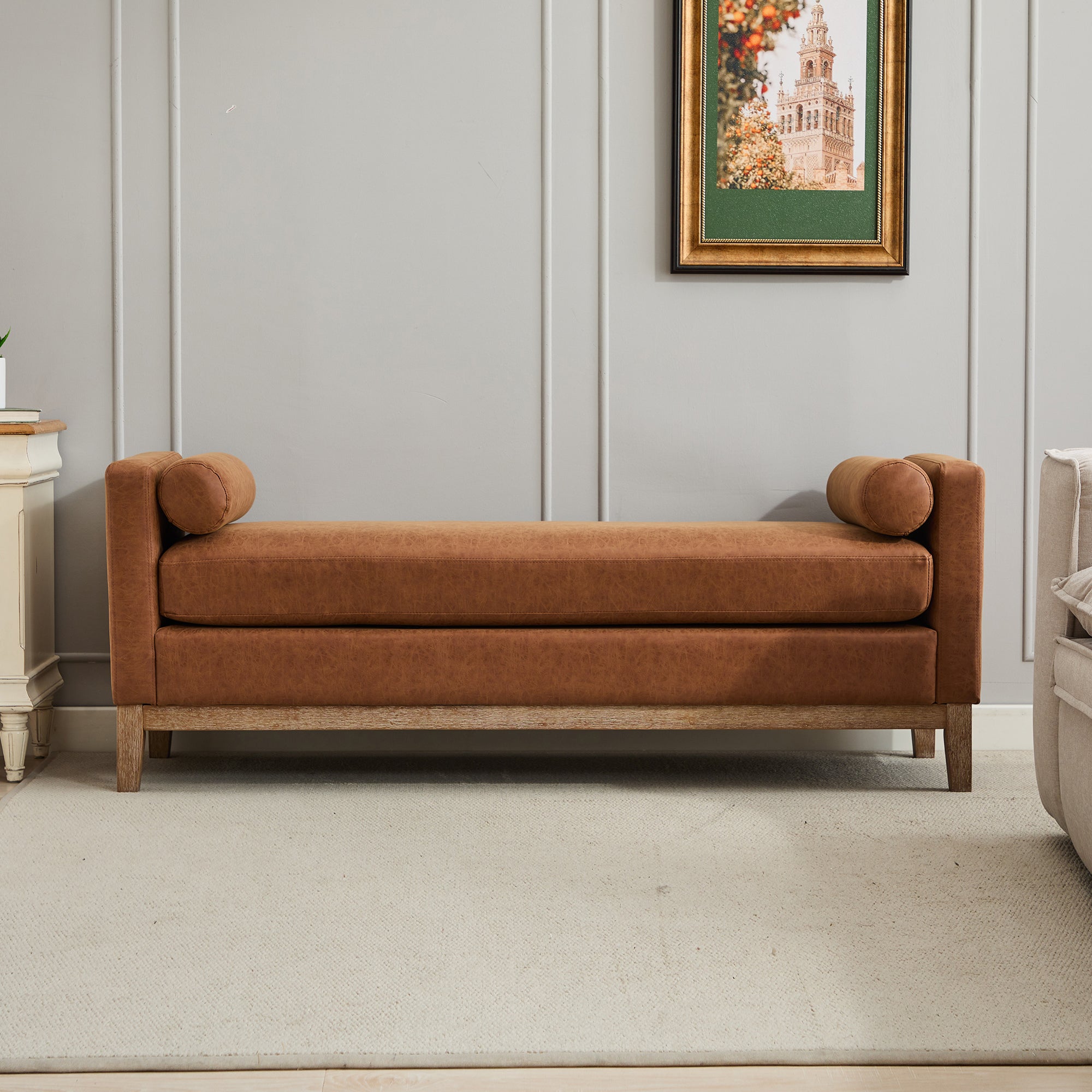 Upholstered Bench with Wood Legs and Two Bolster Pillows
