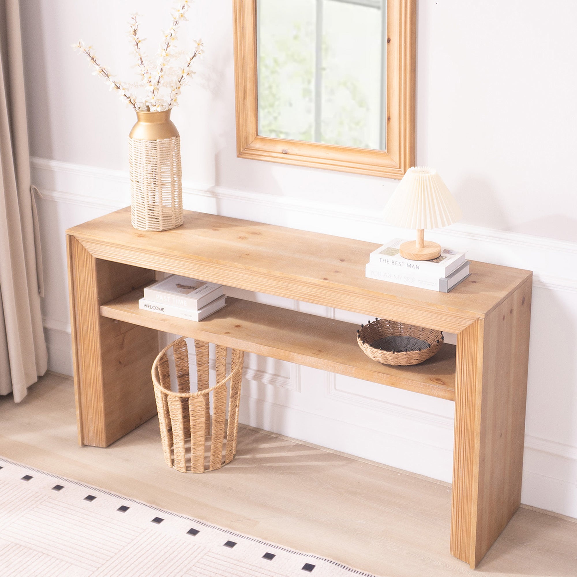 Rustic Solid Wood Console Table with Storage Shelf