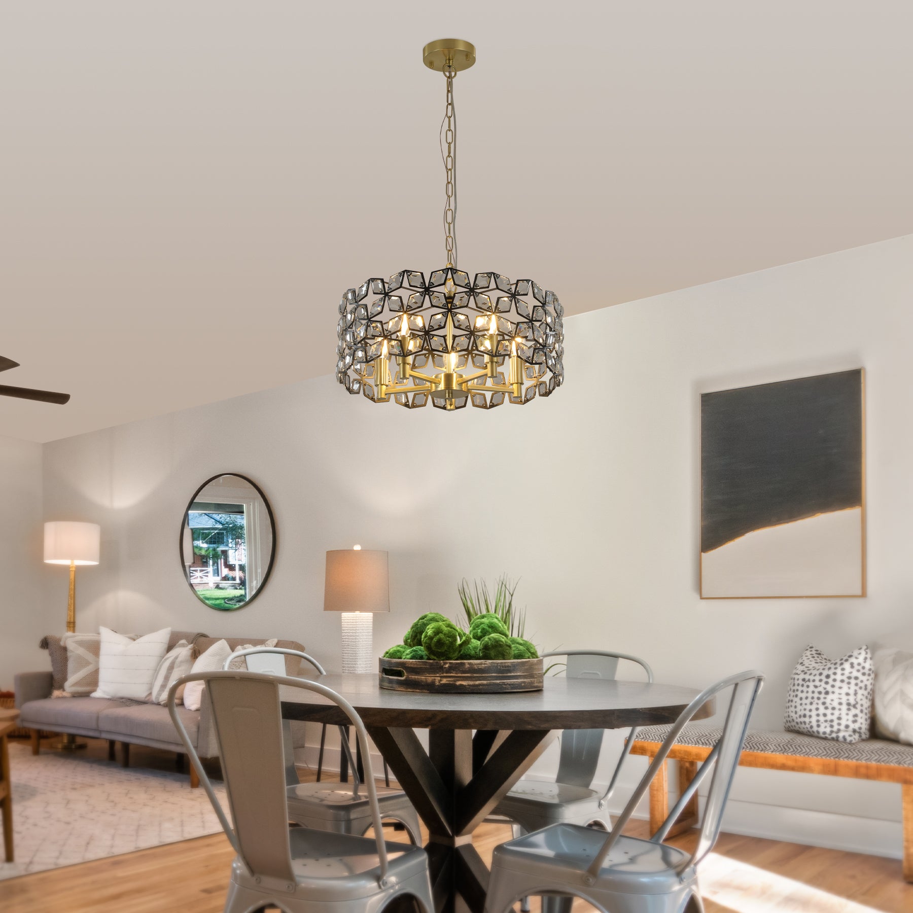 Pendant Light with Round Crystal and Diamond Shape