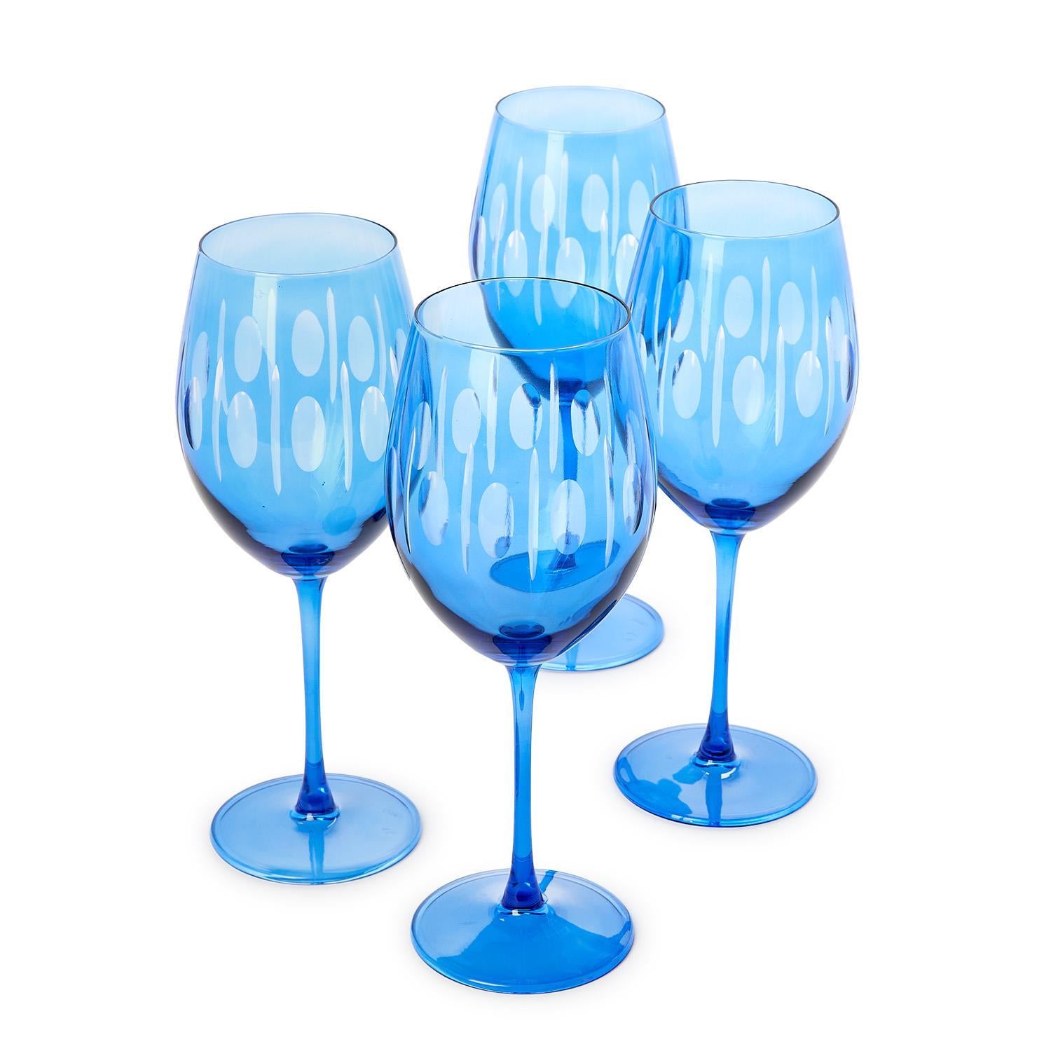 Sparkling Cut Blue Hand Engraved Stemmed Wine Glasses, Set of 4