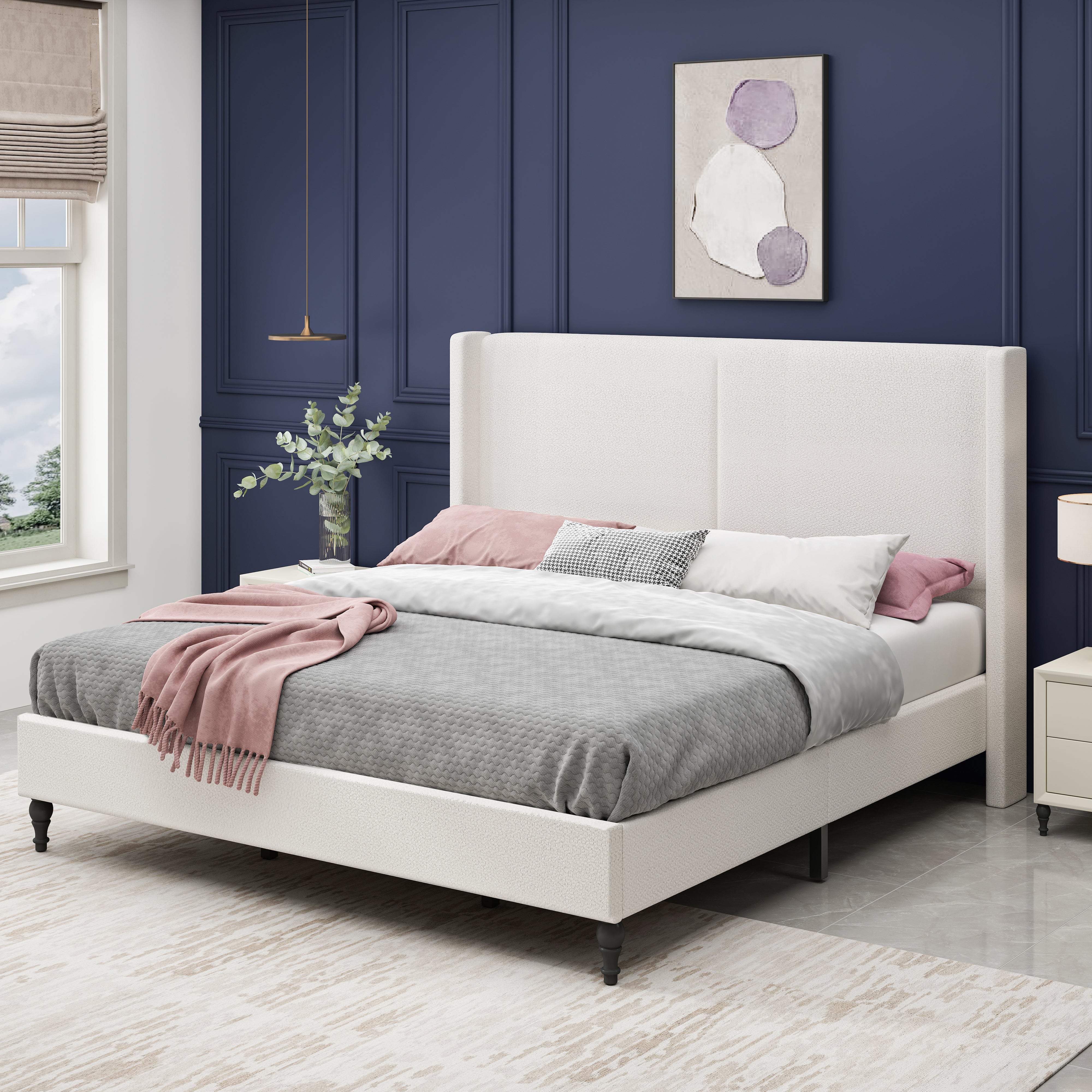 Bed Frame with 55.5"High Back Boucle Upholstered Headboard