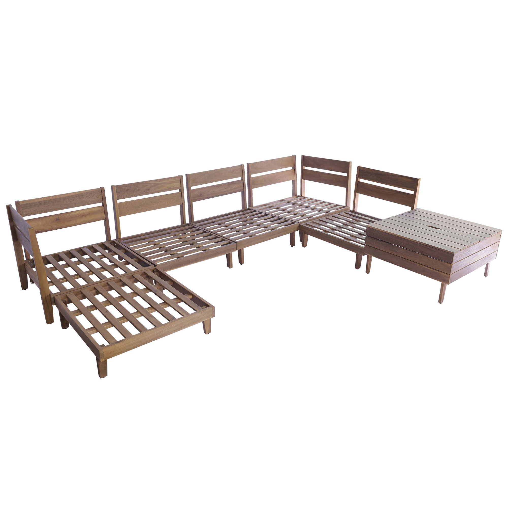 8-Piece Acacia Wood Outdoor Patio Sofa Set, Modular Sectional Furniture Set With Storage Tea Table, Coffee Table And Cushions