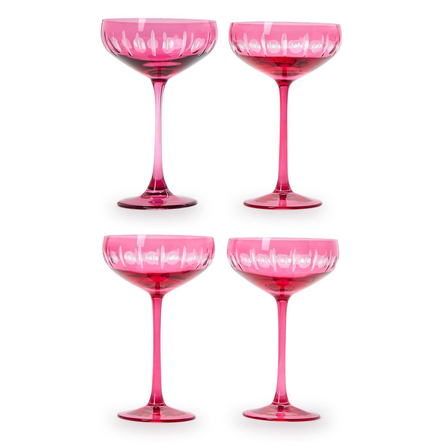 Sparkling Cut Pink Hand Engraved Coupe Wine Glasses, Set of 4