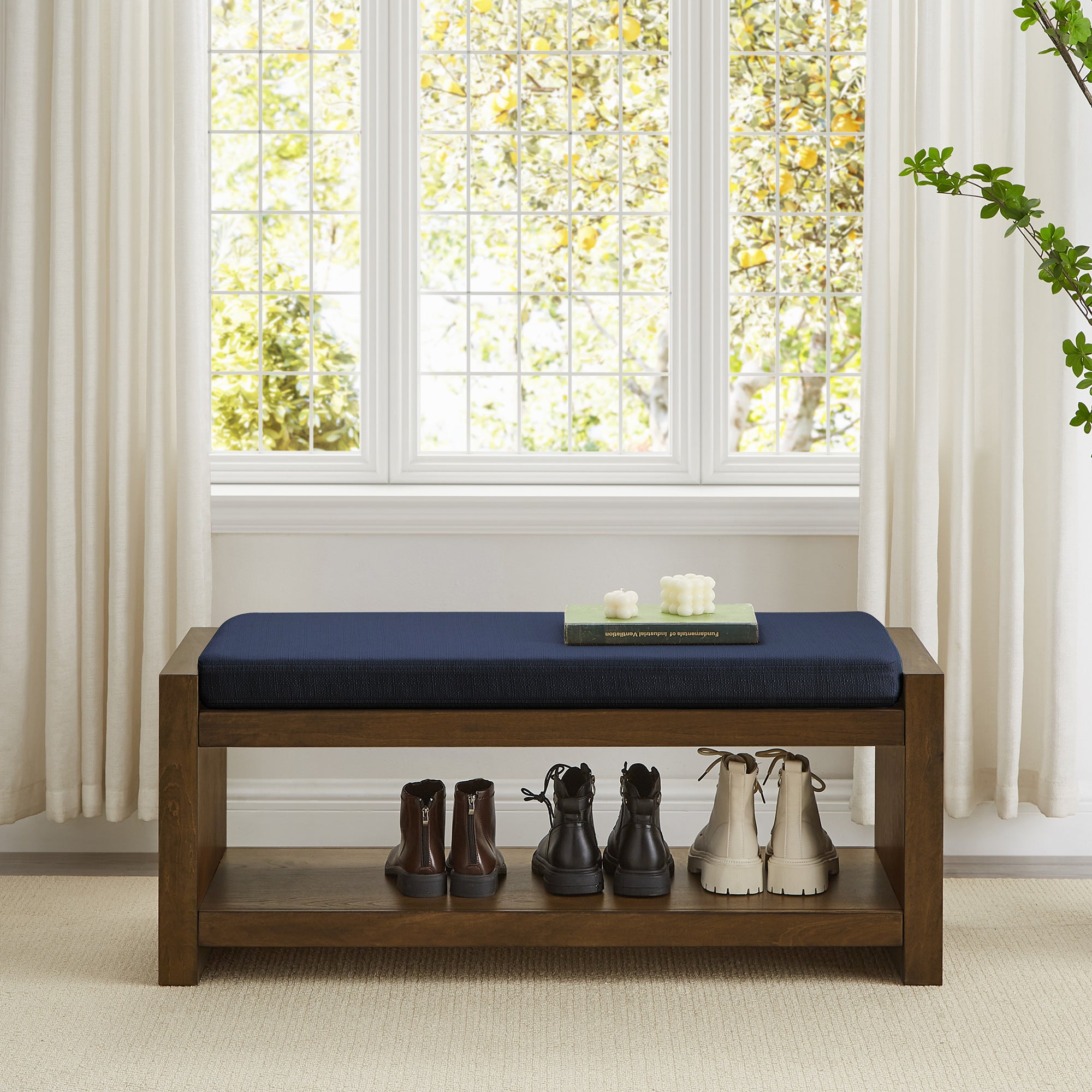 Accent Bench with Lower Shelf Shoe Rack and Padded Seating