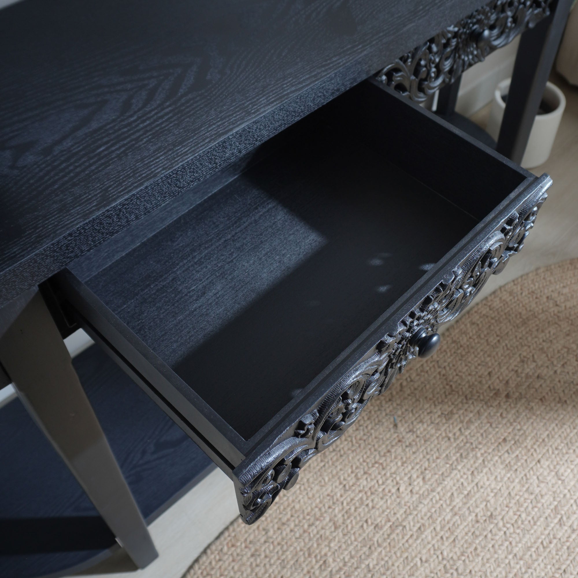 Jawaha Black Carved Wooden Console Table with Lower Storage Shelf