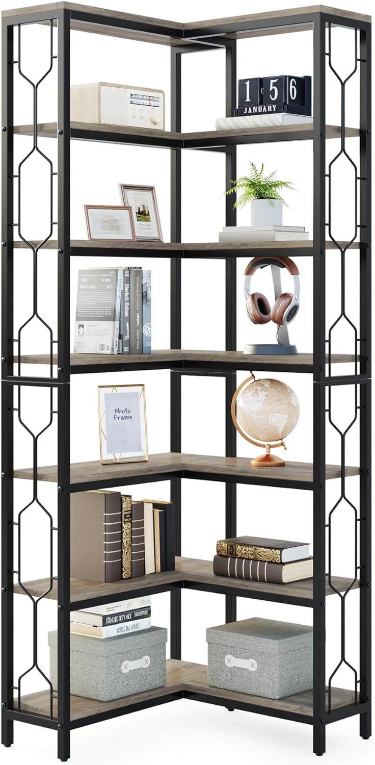 7-Tier Industrial Corner Bookshelf with Metal Frame