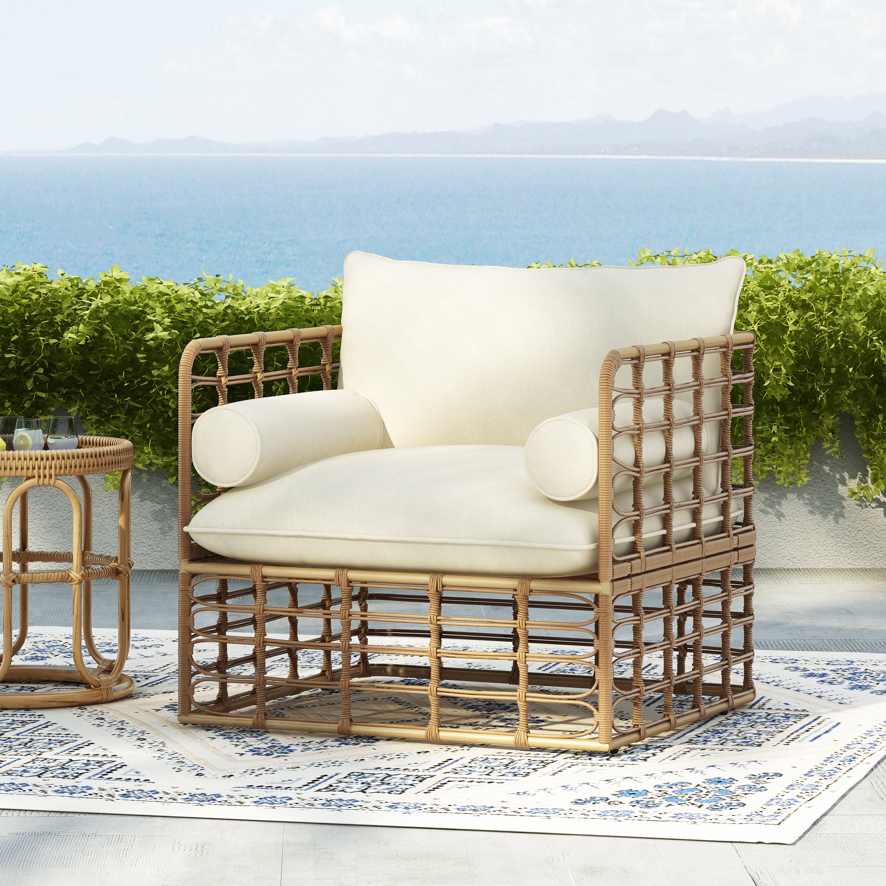 Blithely Outdoor Rattan Accent Chair with Cushions and Open Weave Boho Design