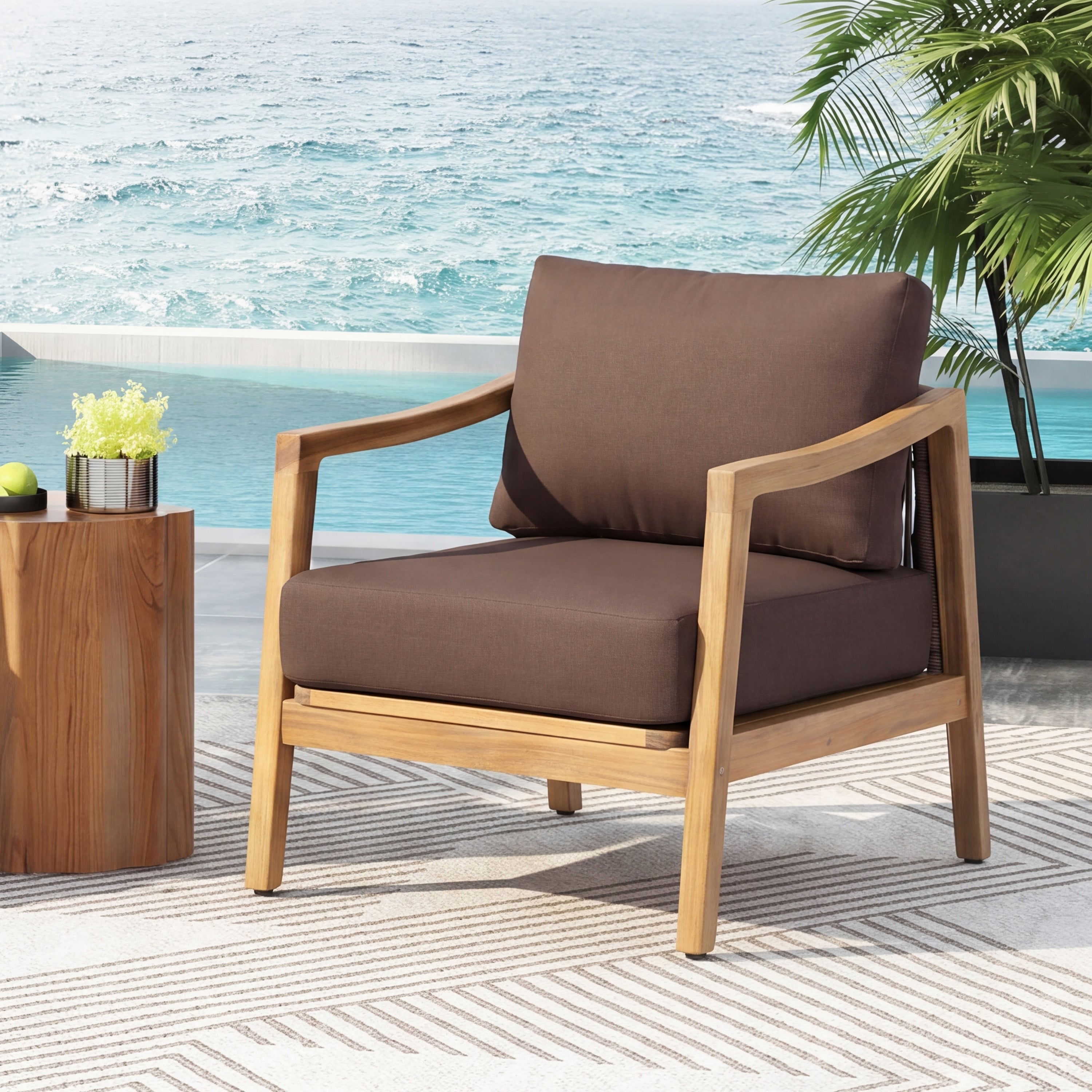 Outdoor Club Chair, Acacia Wood Frame with Rope Back Detail, Water-Repellent Beige Cushions
