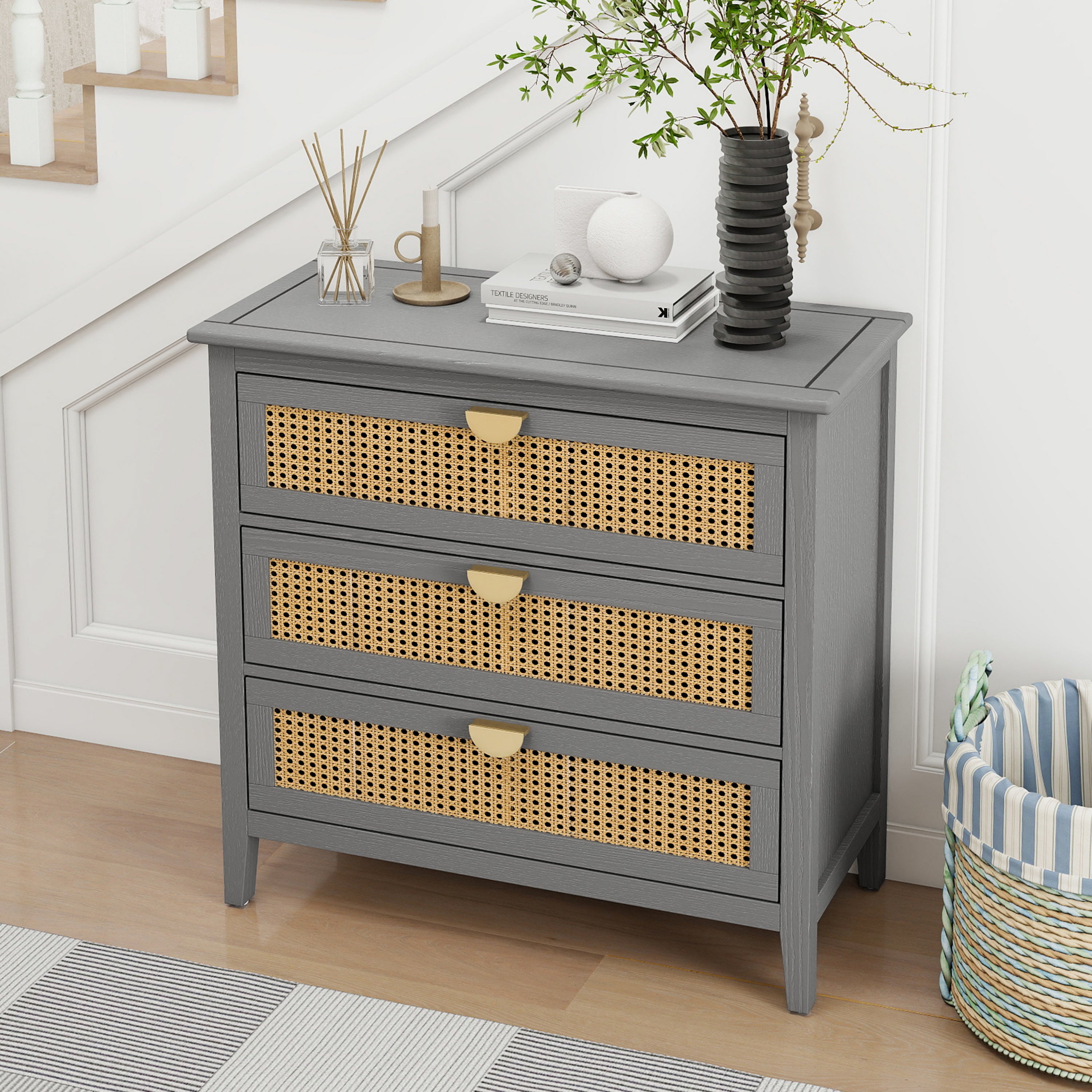 3 Drawer Cabinet with Natural Rattan Drawers