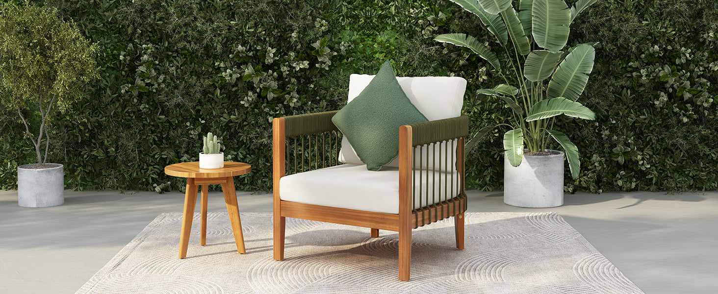 Azari Outdoor Acacia Wood Club Chair with Handwoven Rope Accents & Curved Backrest