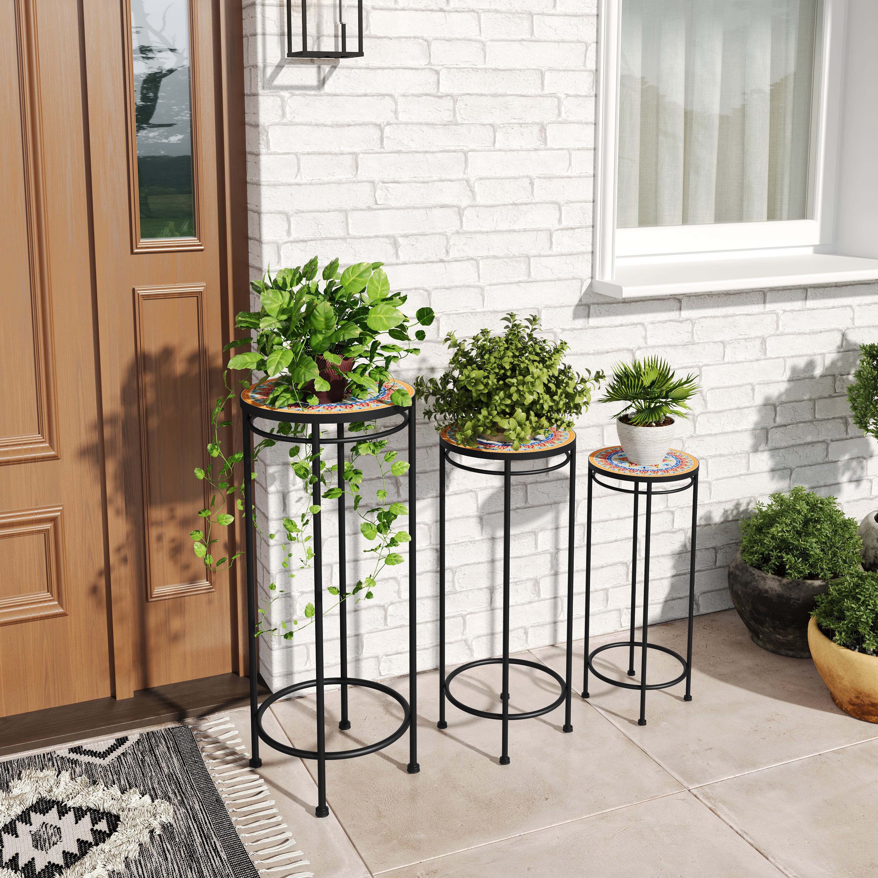 pier one indoor plant stands 3-Piece Outdoor Ceramic Tile Plant Stand Set with Iron Frame