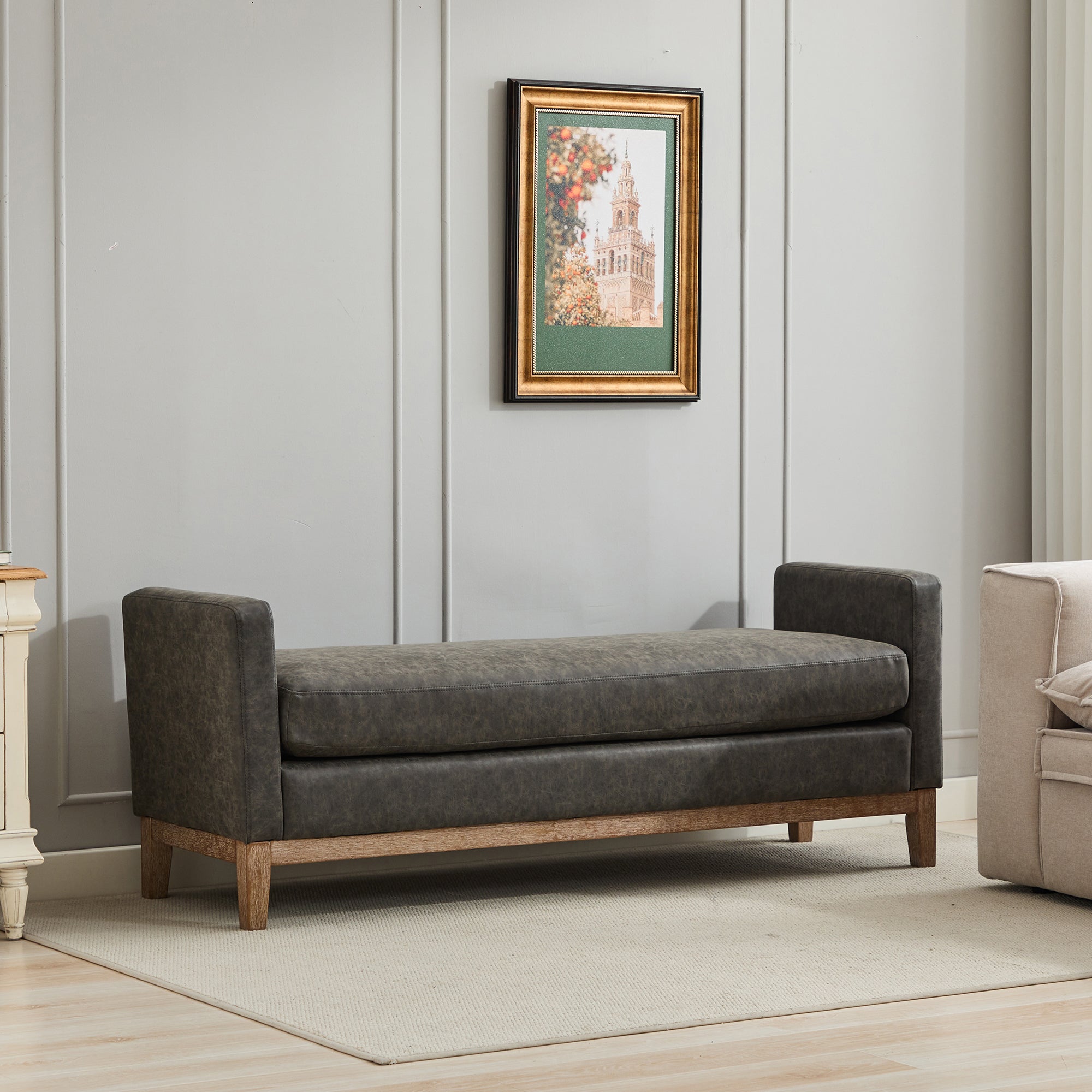 Upholstered Bench with Wood Legs and Two Bolster Pillows