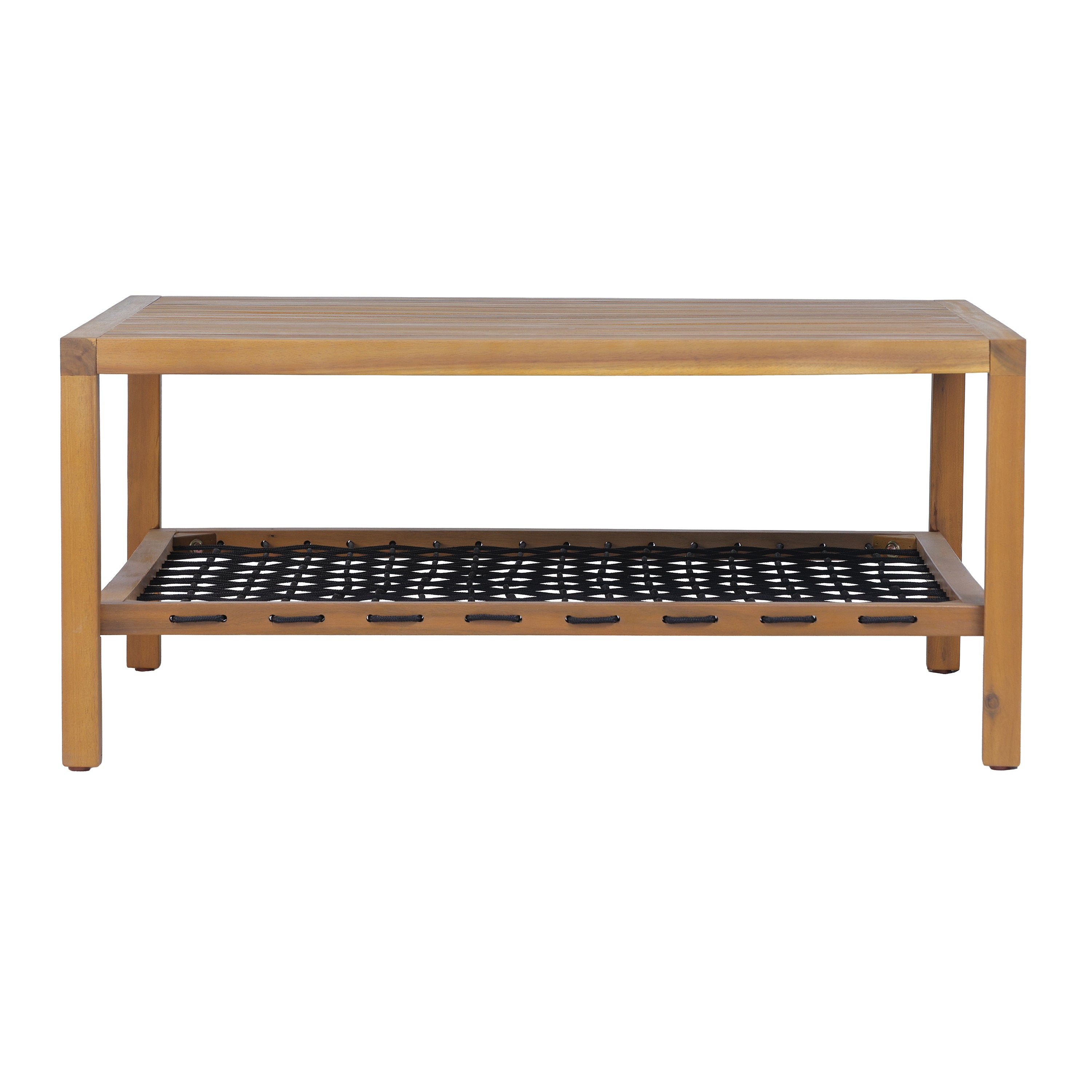 Sierra Outdoor Acacia Wood Coffee Table with Woven Rope Storage Shelf