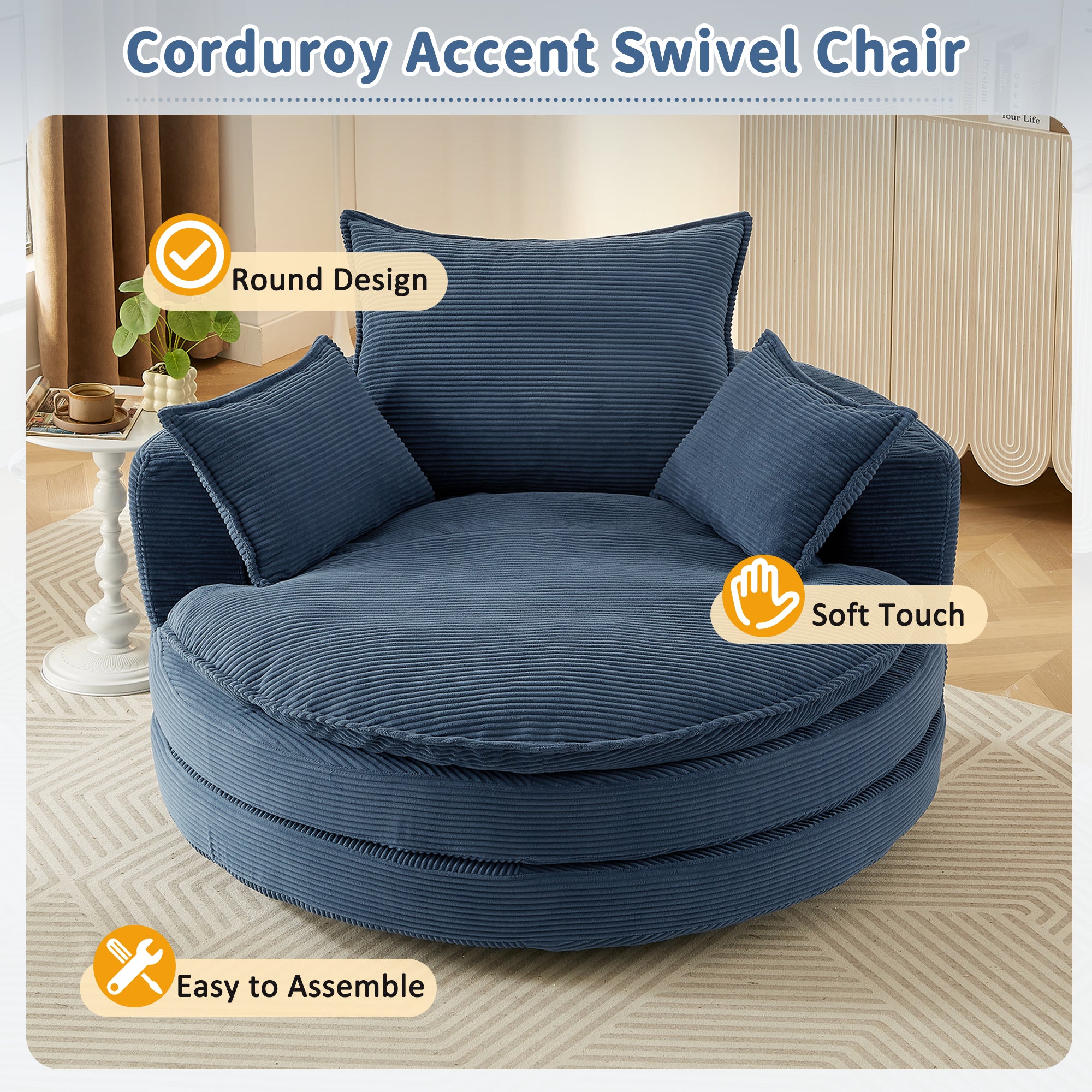 Corduroy 360° Swivel Accent Barrel Chair with 3 Removable Pillows
