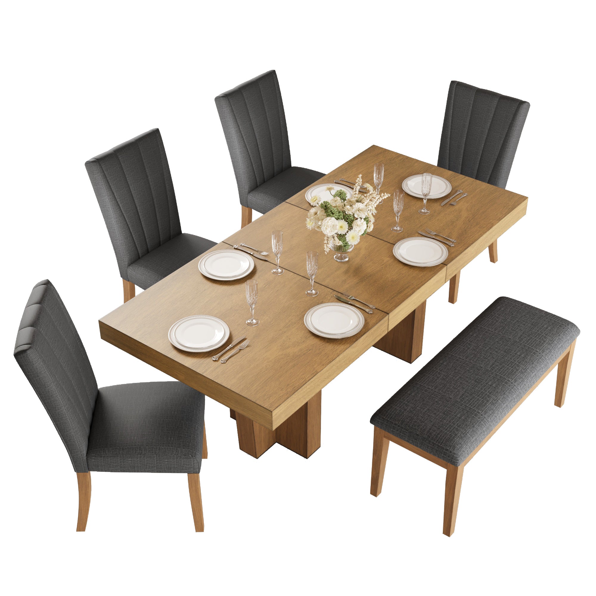 Meadowlark Farmhouse Extendable Wood Dining Table with 4 Upholstered Chairs & Bench