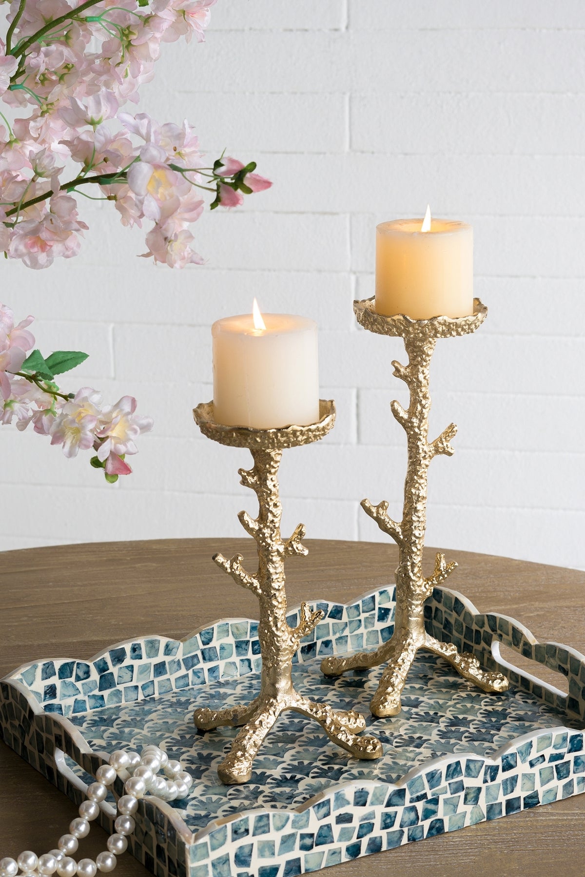 Gold Aluminum Pillar Candle Holder With Coral Branch Design, Set of 2
