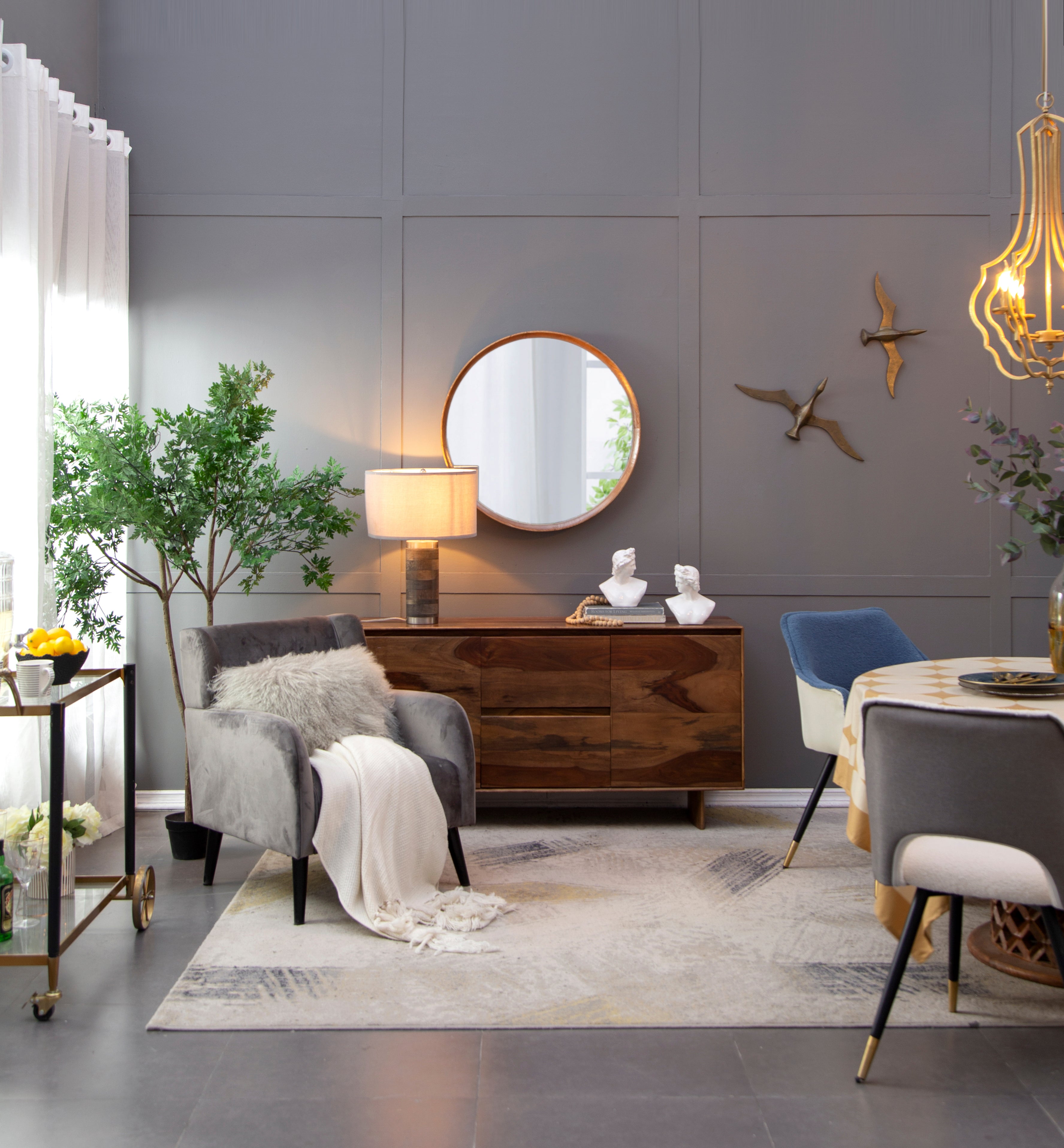Wall Mounted Mirror with Round Shape and Wooden Frame