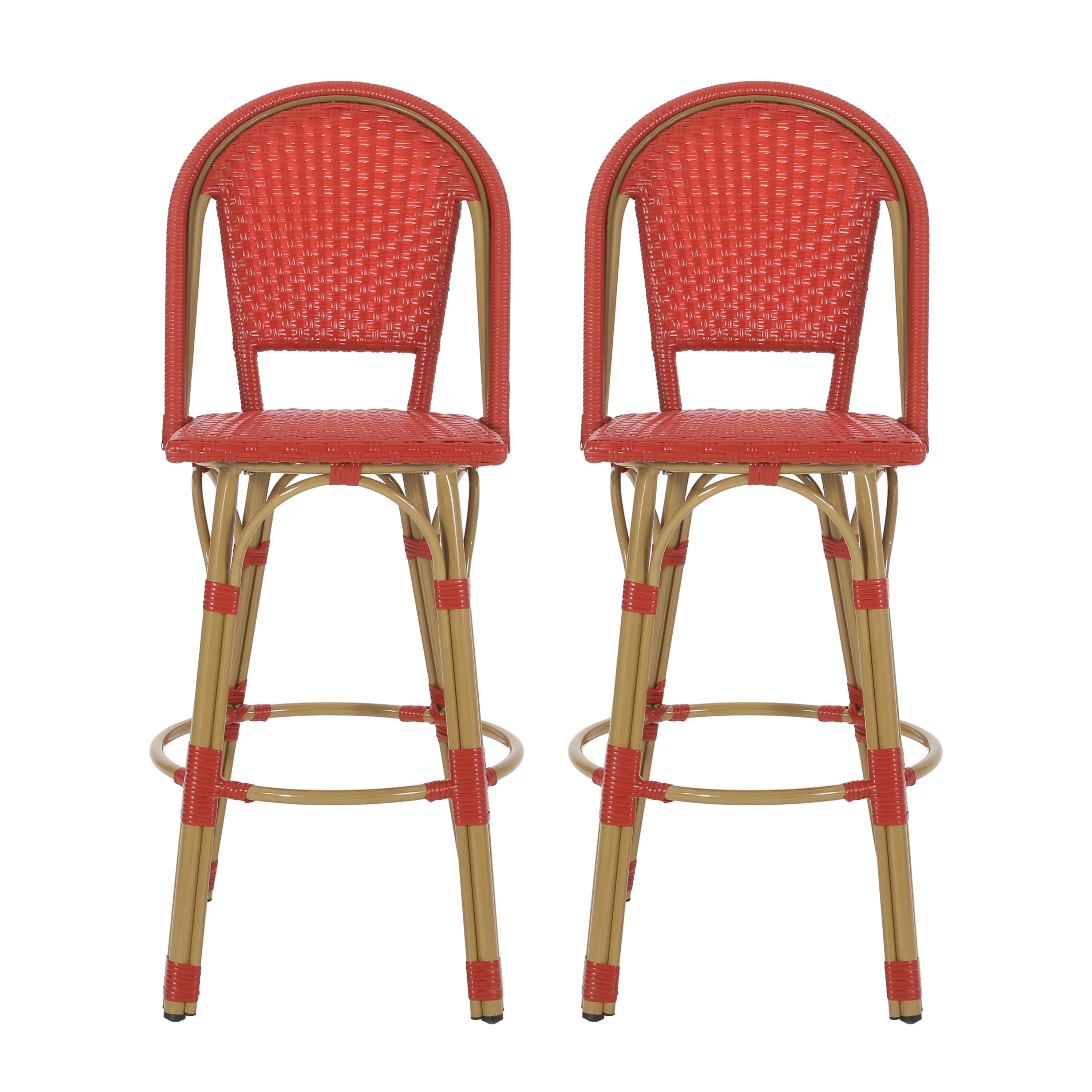 Callisto 29.5" Outdoor Rattan and Aluminum Bar Stool with Curved Back and Footrest