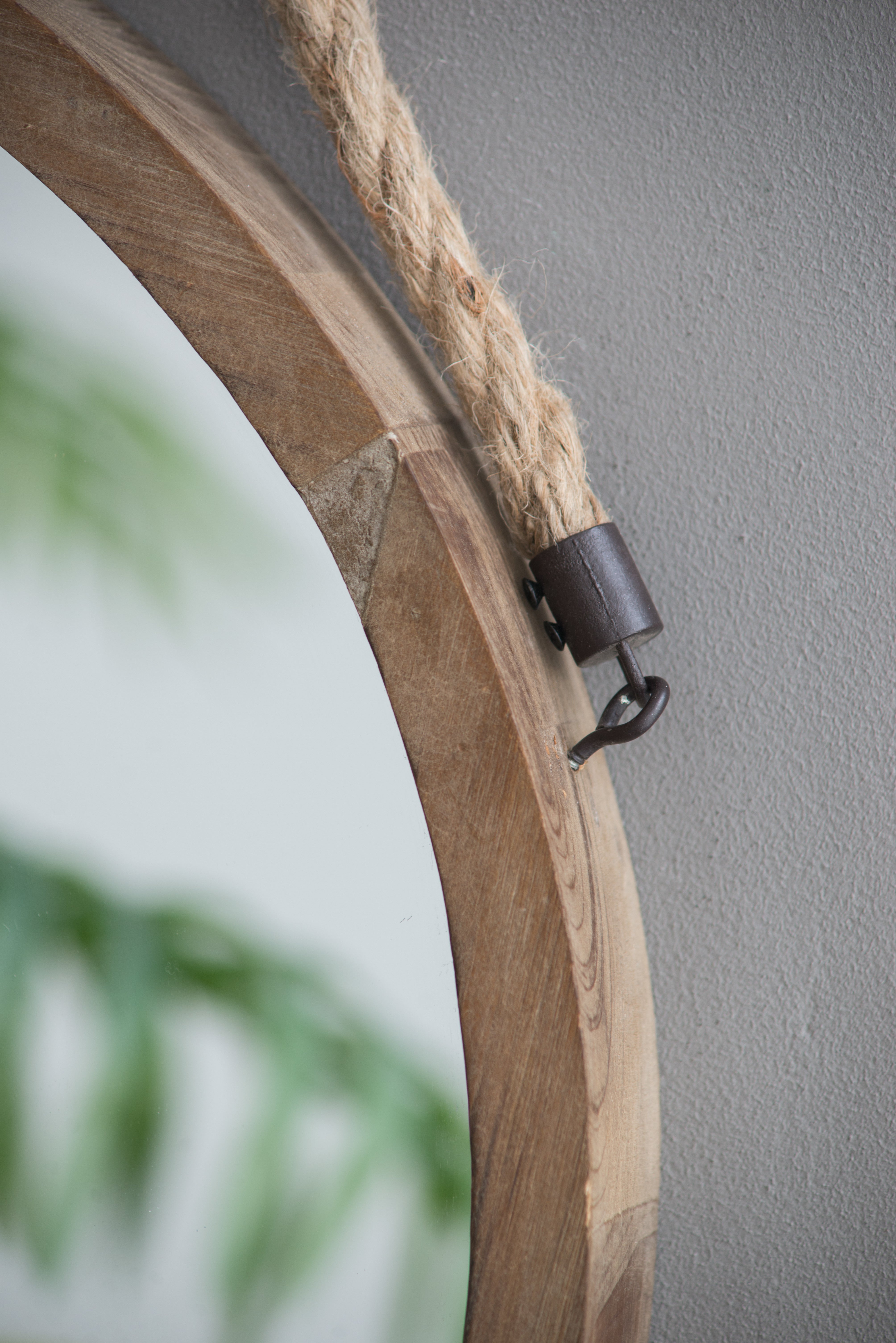 Round Wall Mirror with Jute Handle and Wood Frame