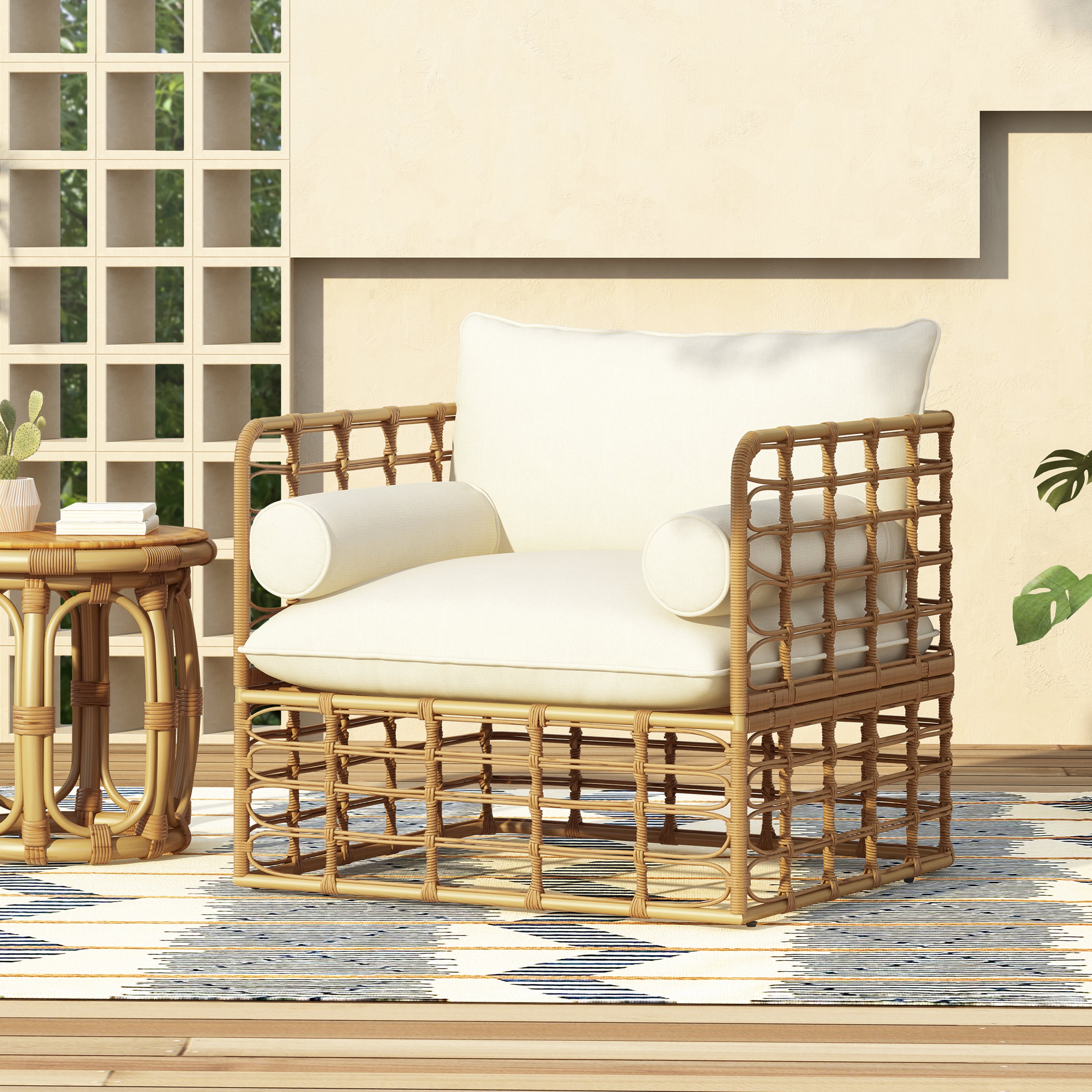 Blithely Outdoor Rattan Accent Chair with Cushions and Open Weave Boho Design