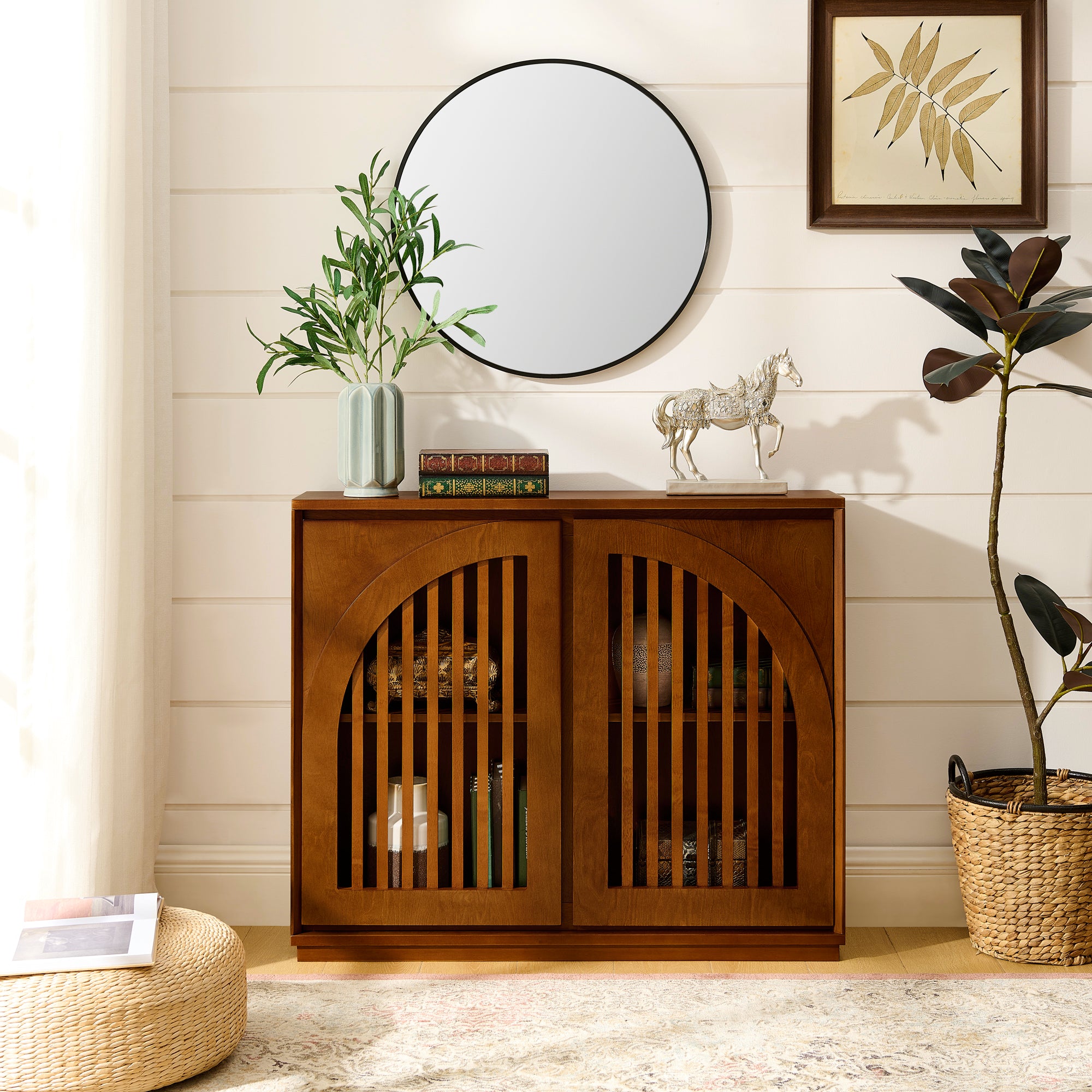 Mid-Century Modern Fluted Narrow Storage Cabinet with 2 Outlet Holes
