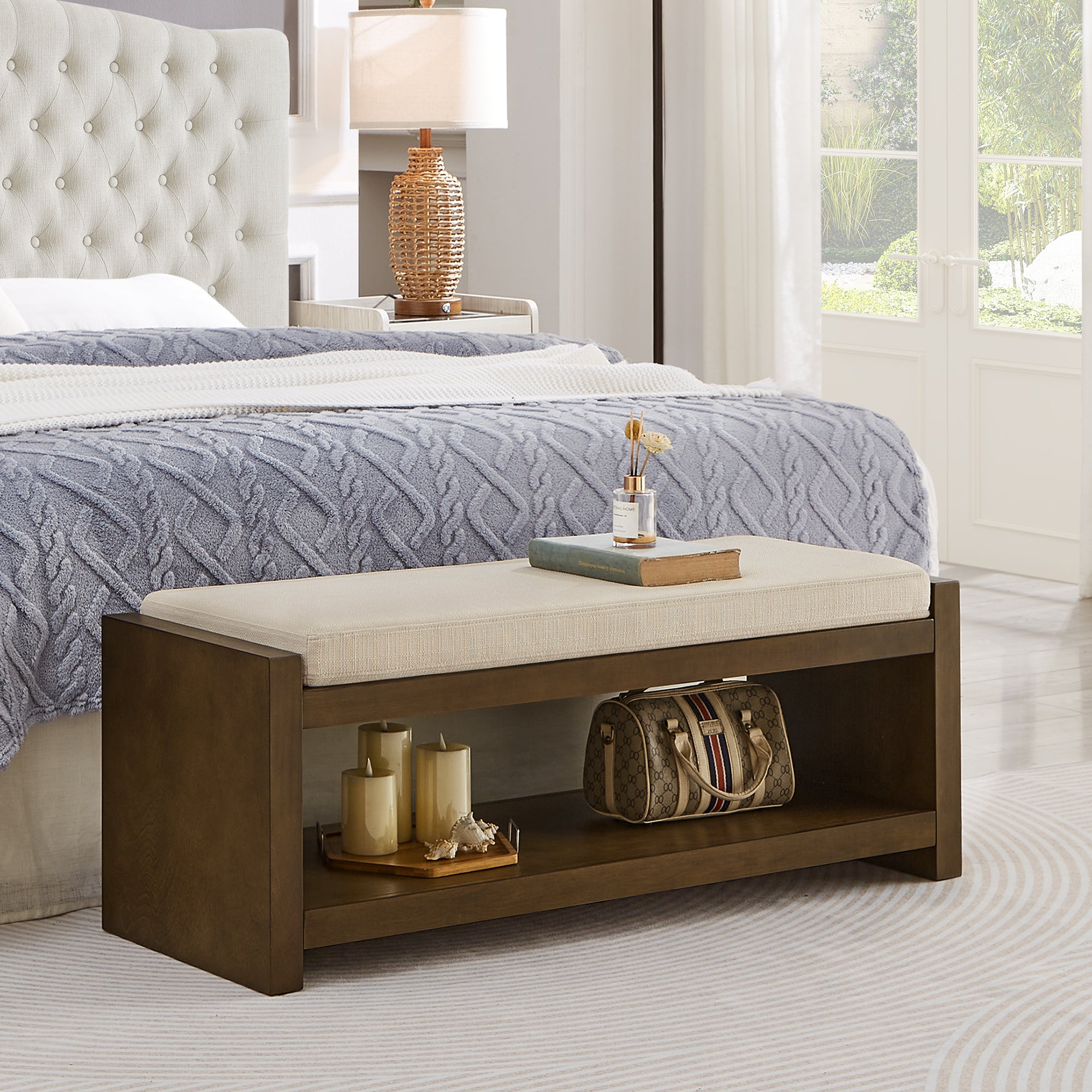 Accent Bench with Lower Shelf Shoe Rack and Padded Seating