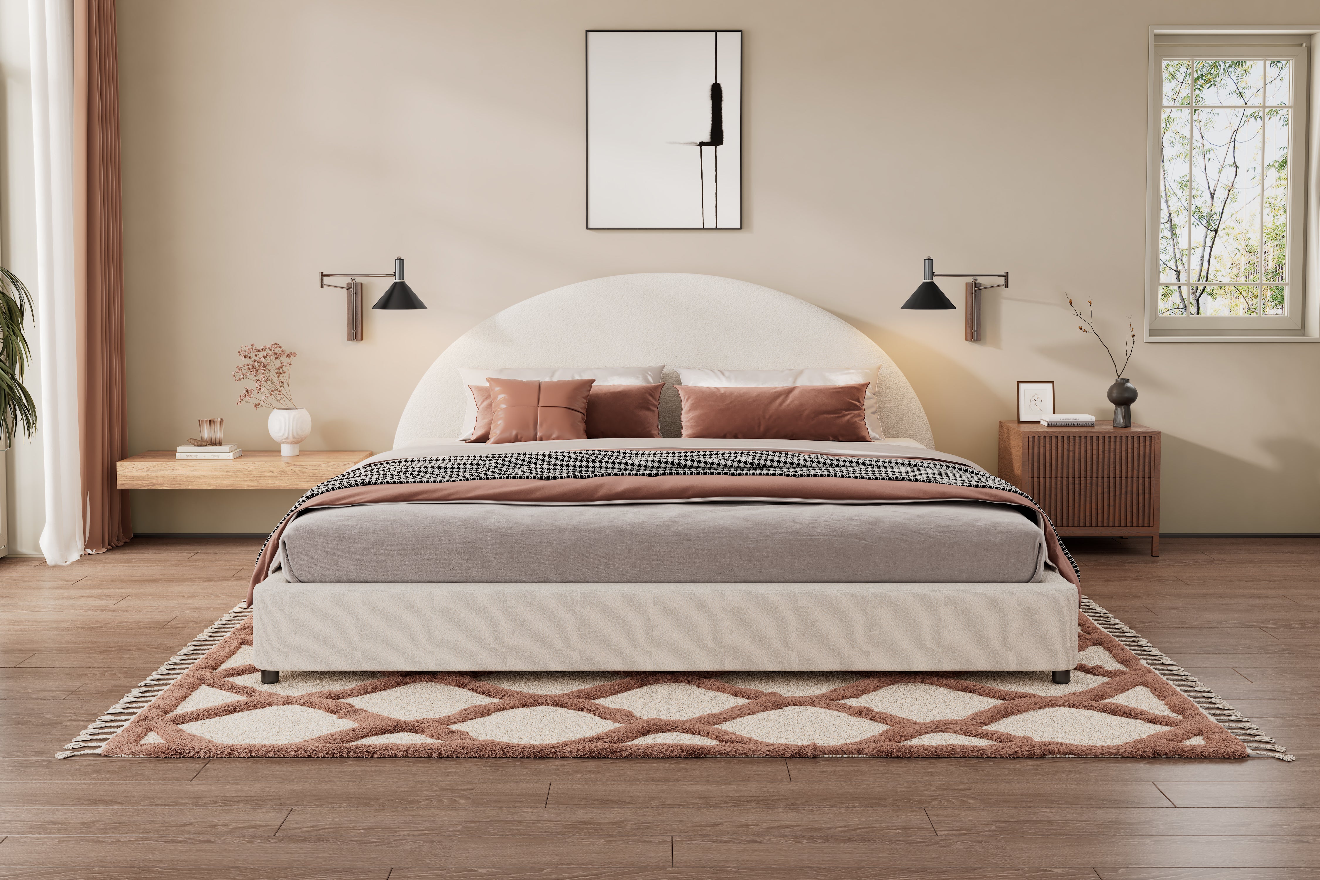 Bed Frame With Boucle Upholstered Round Curved Headboard