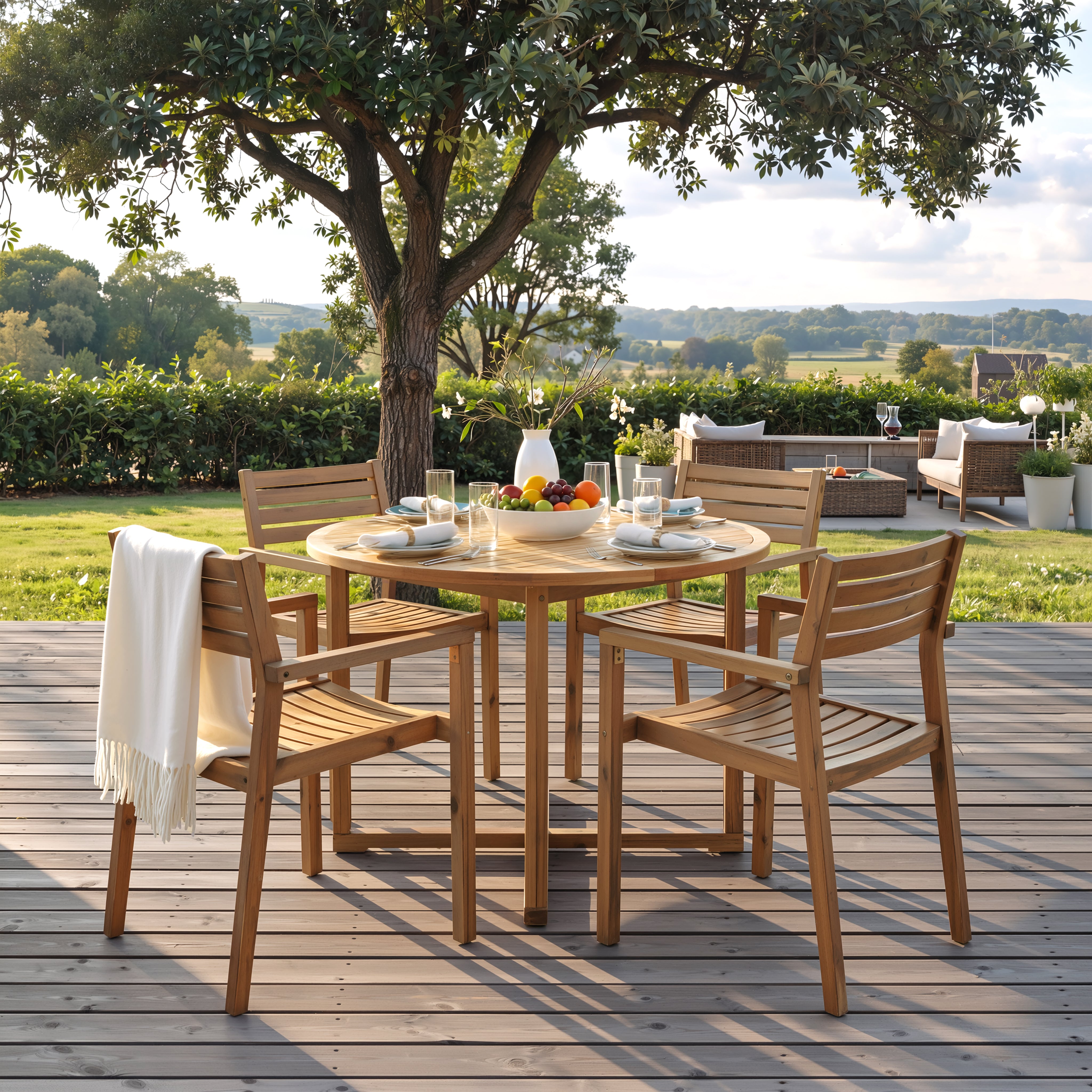 5-Piece Outdoor Dining Set with 4 Acacia Wood Chairs, 47.2" Round Dining Table with Slatted Design