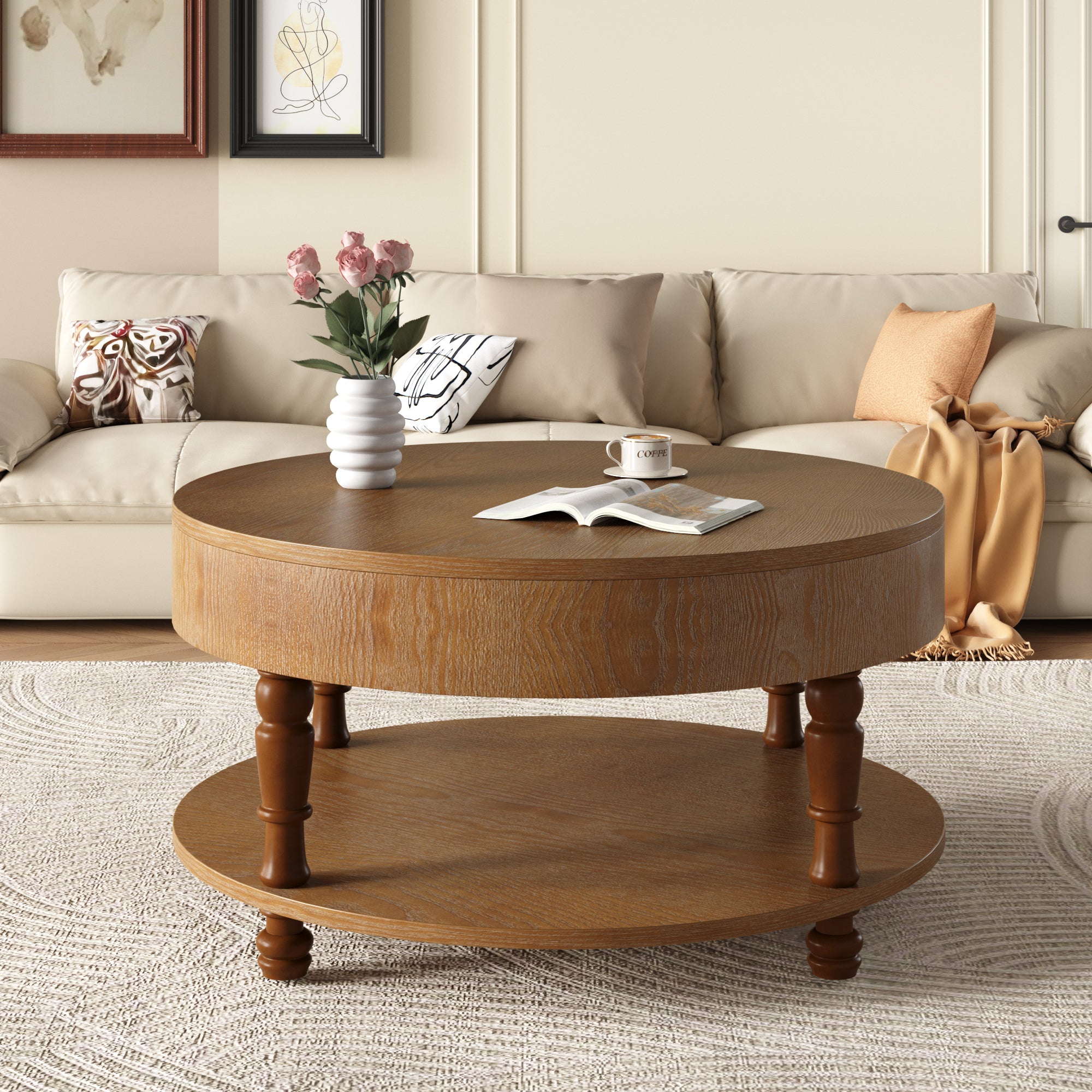Traditional Round Coffee Table with Storage and Hidden Compartment