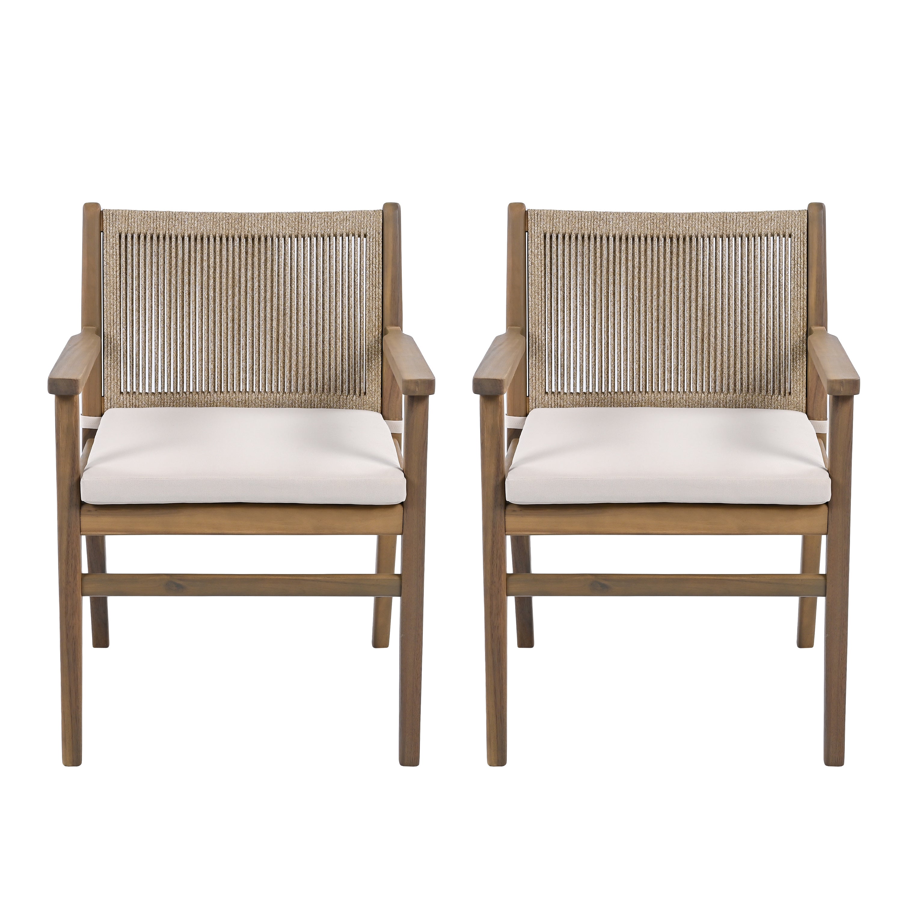Outdoor Dining Chair with Rope Design Back and Seat Cushion, Set of 2