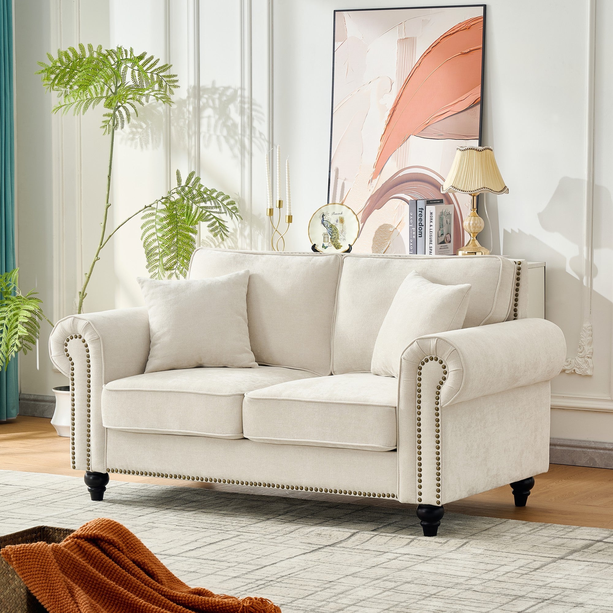 Modern 63" 2-Seater Sofa with Tufted Upholstery, Rolled Arms, and Nailhead Trim