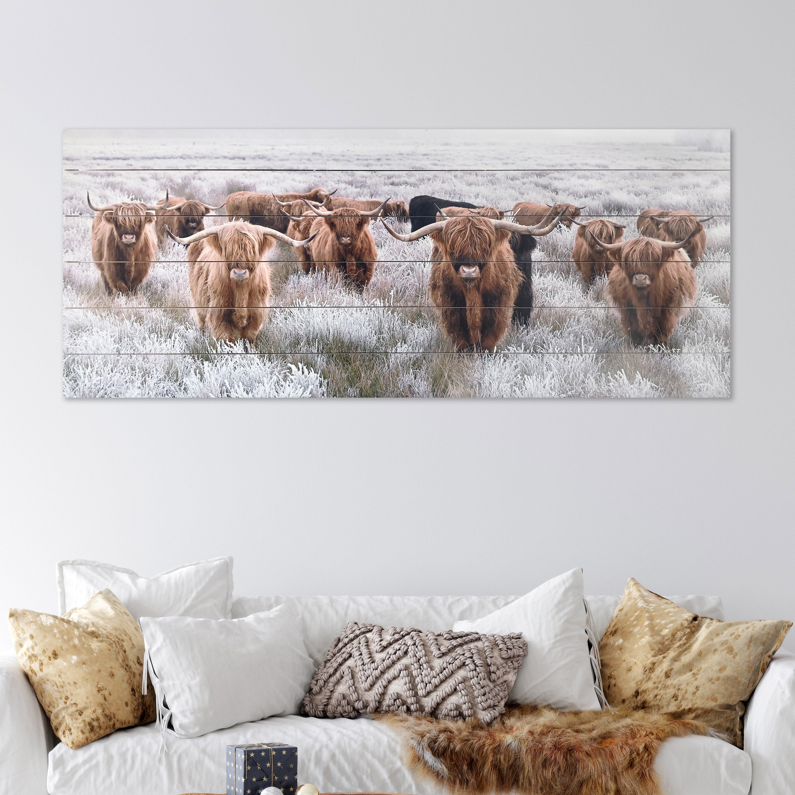Highland Herd Photograph Print on Planked Wood Wall Art, 19"x45"