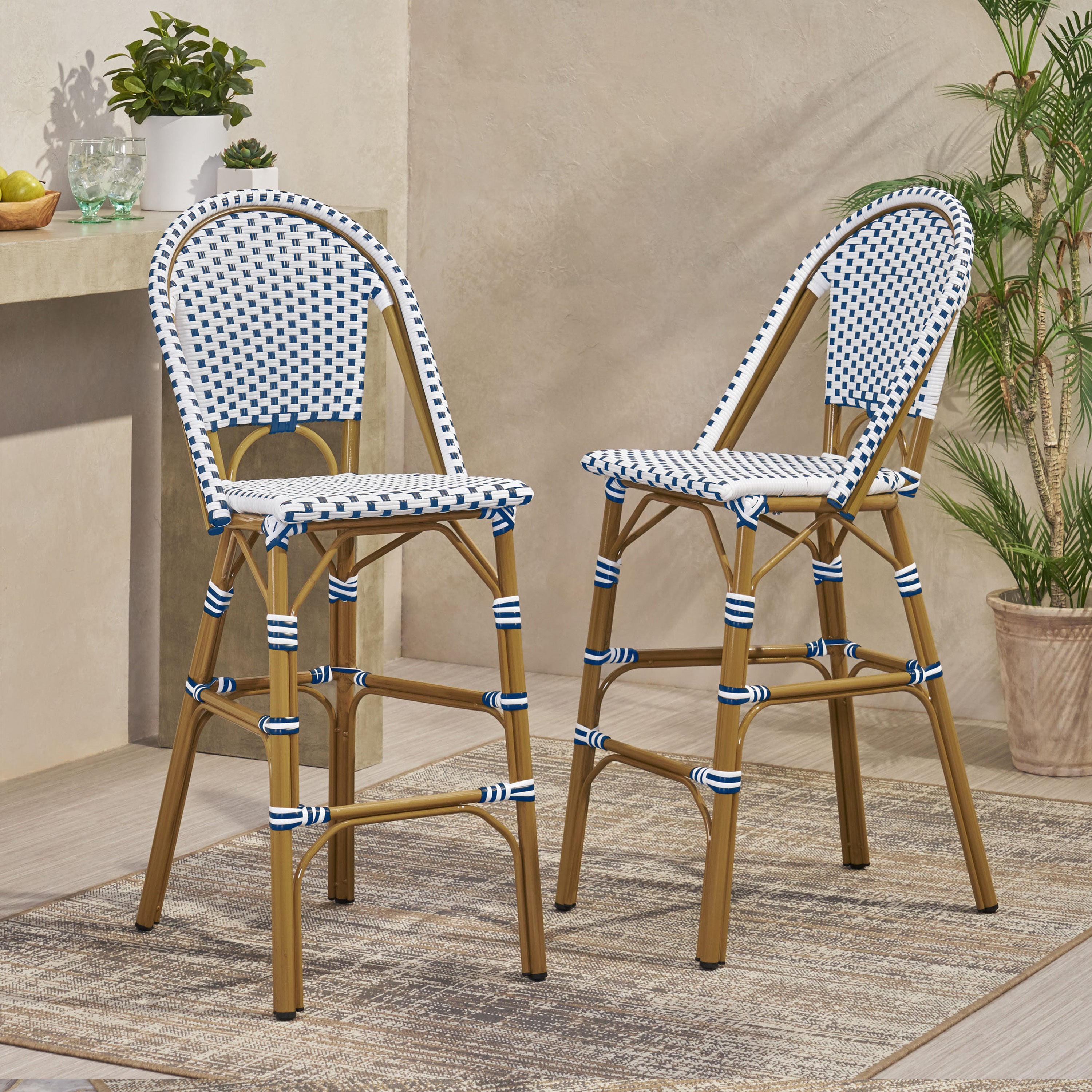 Solara French Bistro Outdoor Rattan Barstool, Set of 2