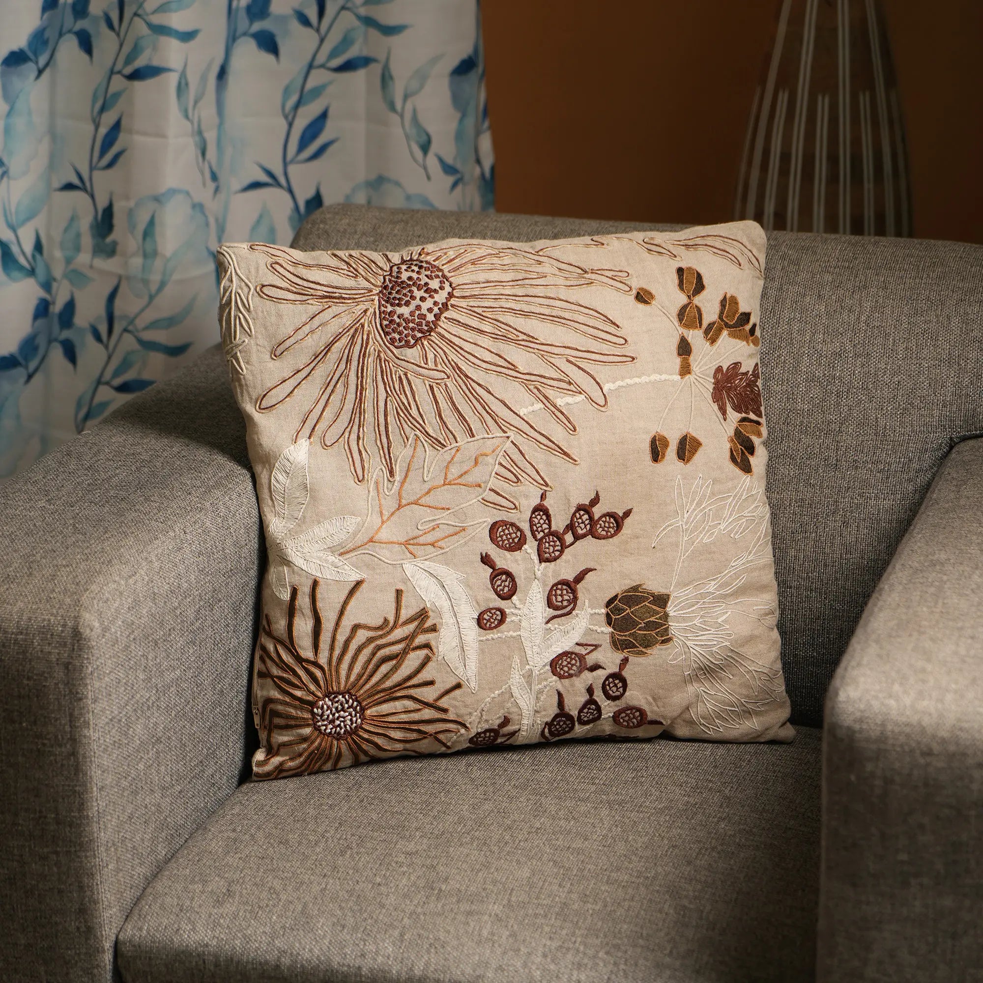 100% Linen Floral Embroidered Cushion